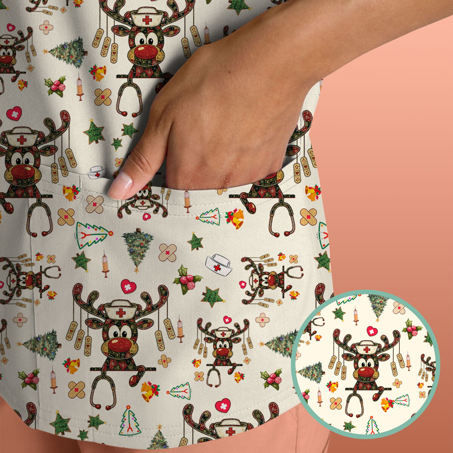Reindeer Christmas Nurse Scrub Top - Funny Holiday Scrub Shirt - Cute Medical Uniform for Women RN LPN CNA Gift