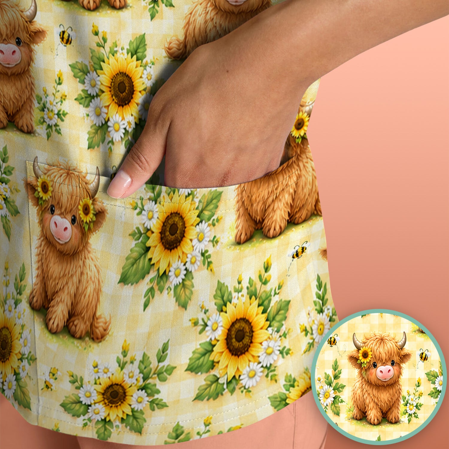 Sunflower Highland Cow And Bee Pattern Scrub Top, Comfortable Scrubs for Nurses