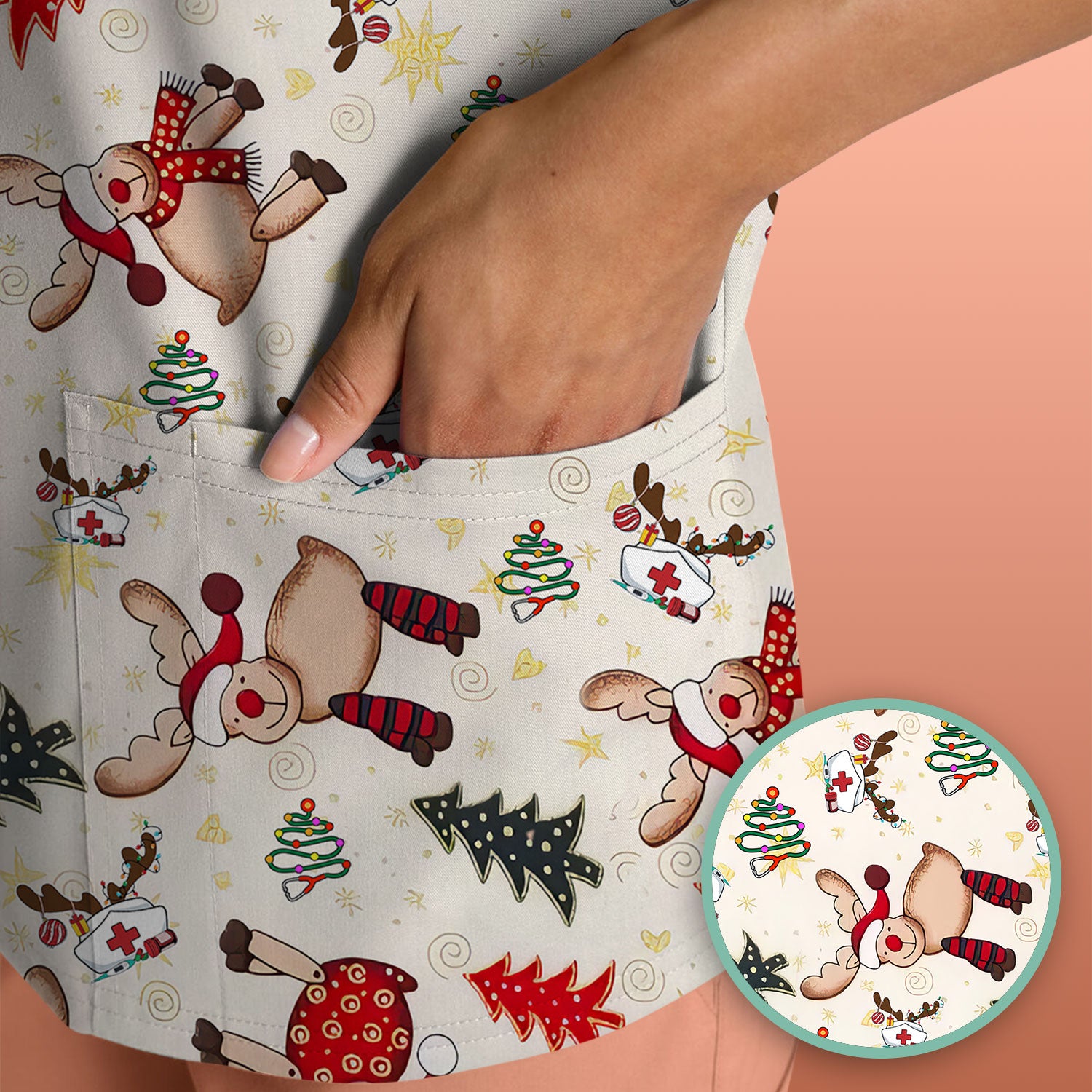 Cute Reindeer Christmas Nurse Scrub Top - Festive Holiday Medical Shirt - Comfortable Scrubs for Women RN CNA LPN