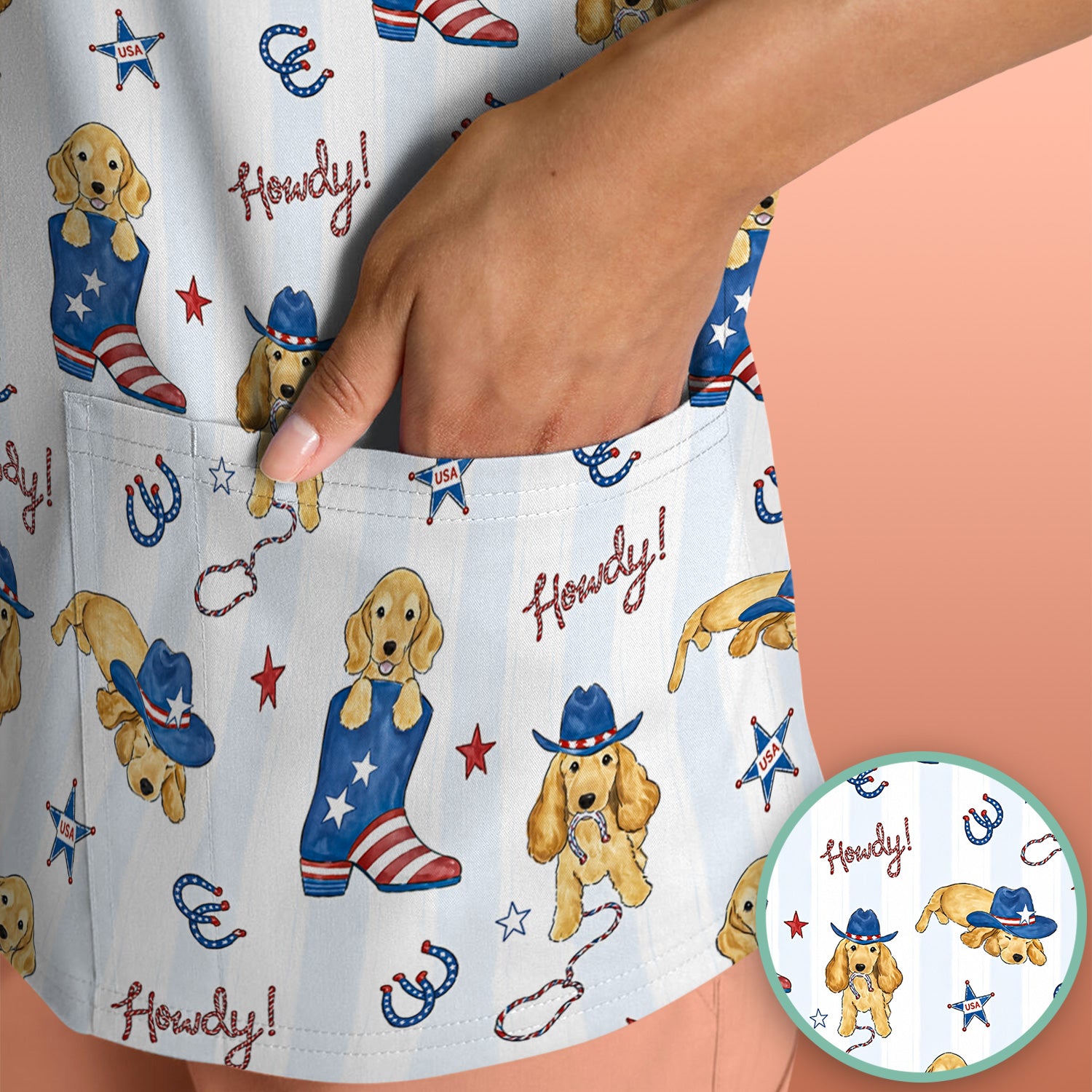 Patriotic Howdy Golden Dog Western Pattern Scrub Top, Comfortable Scrubs for Nurses