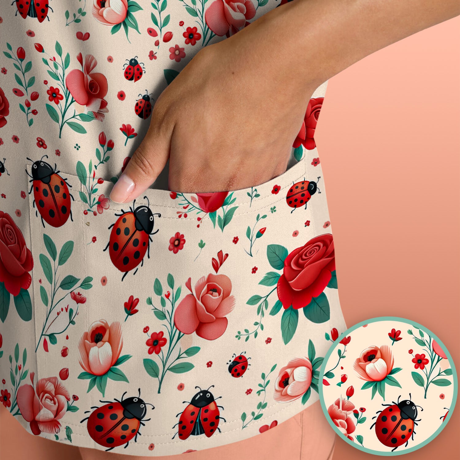 Cute Ladybug Red Rose Floral Pattern Scrub Top, Breathable Fabrics Nursing Uniform