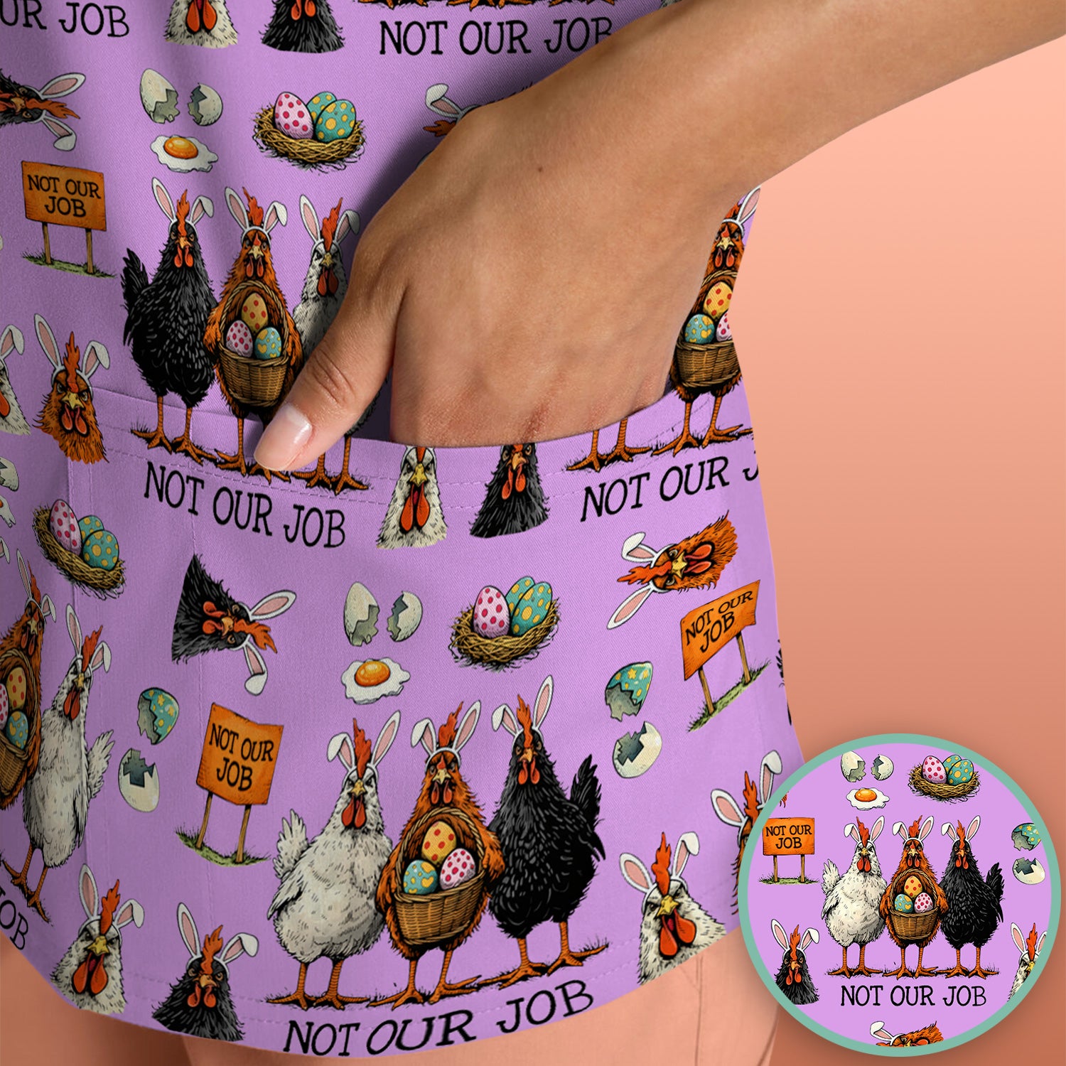 Funny Easter Chicken Humor Pattern Scrub Top, Comfortable Scrubs for Nurses