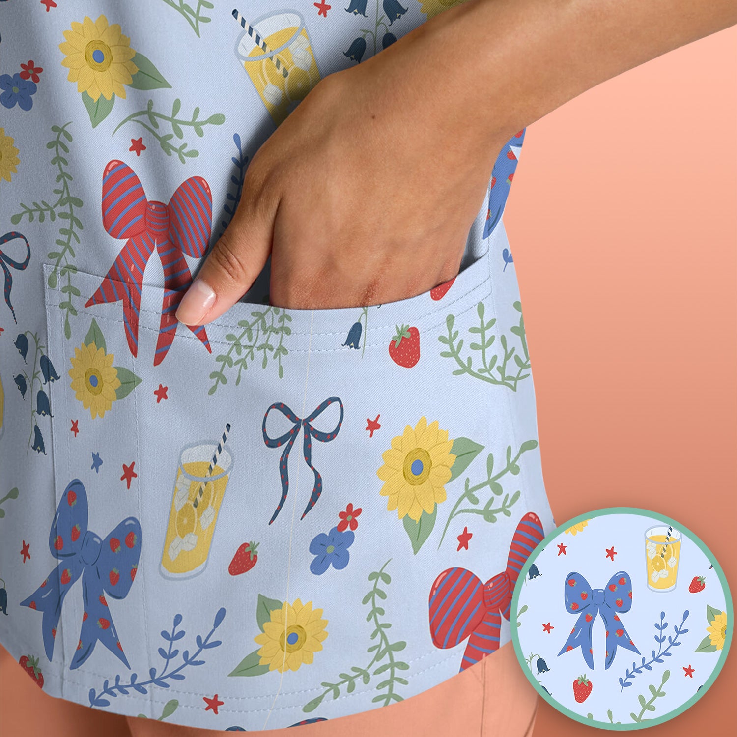 Sweet Summer Bow Nurse, Lemonade Floral Medical Scrub Top, Comfortable Scrubs for Nurses