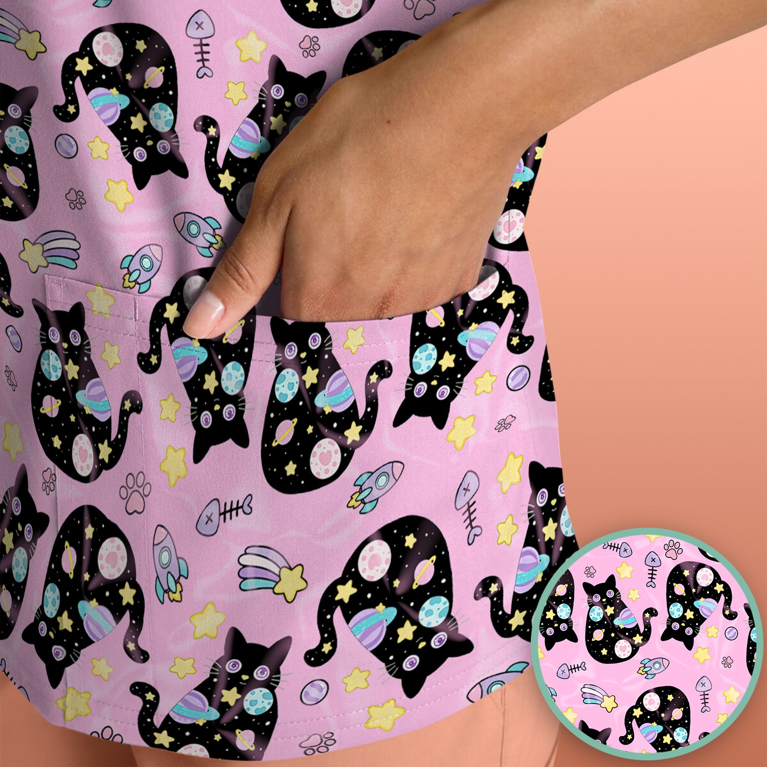 Galaxy Black Cat Space Pattern Scrub Top, Breathable Fabrics Nursing Uniform
