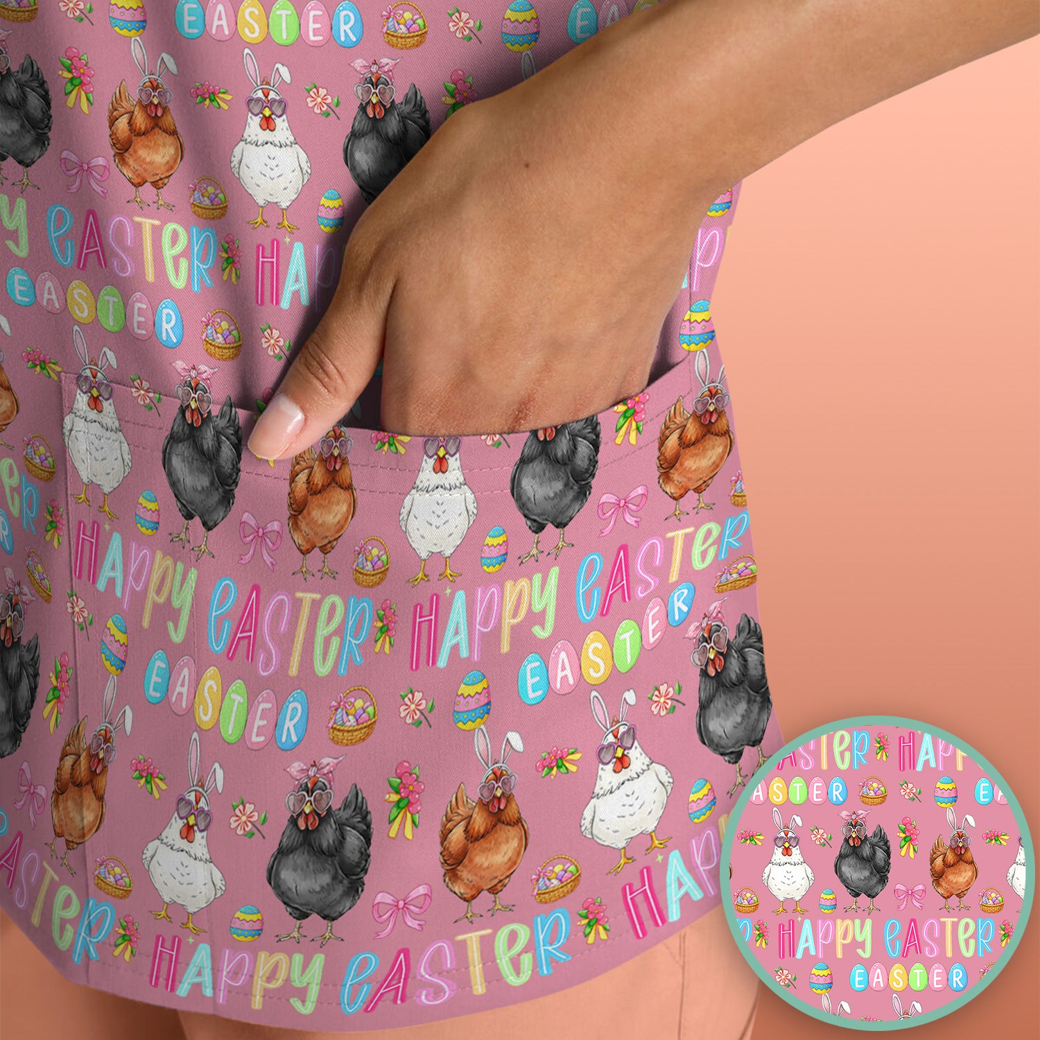 Happy Easter Bunny Eggs Pattern Scrubs Top, Comfortable Scrubs for Nurses