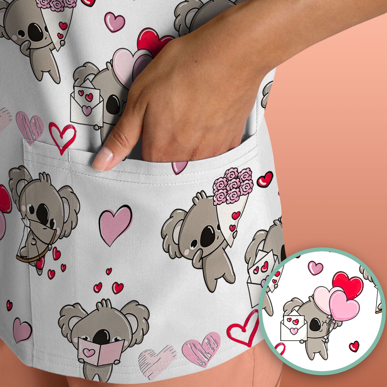 Valentine Koala Holding Flowers Cute Print Scrub Top, Comfortable Scrubs for Nurses
