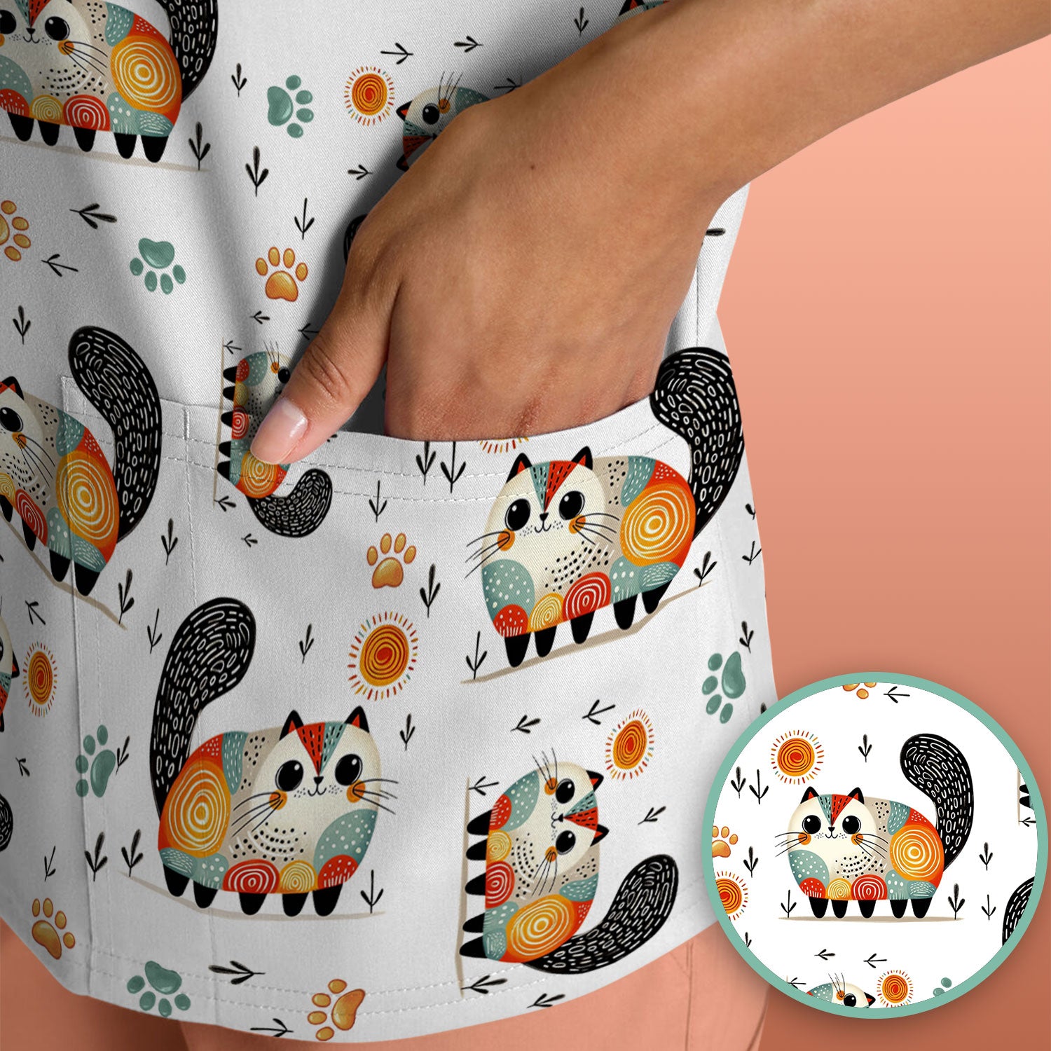 Playful Cat Illustration Nurse Scrub Top, Comfortable Scrubs for Nurses