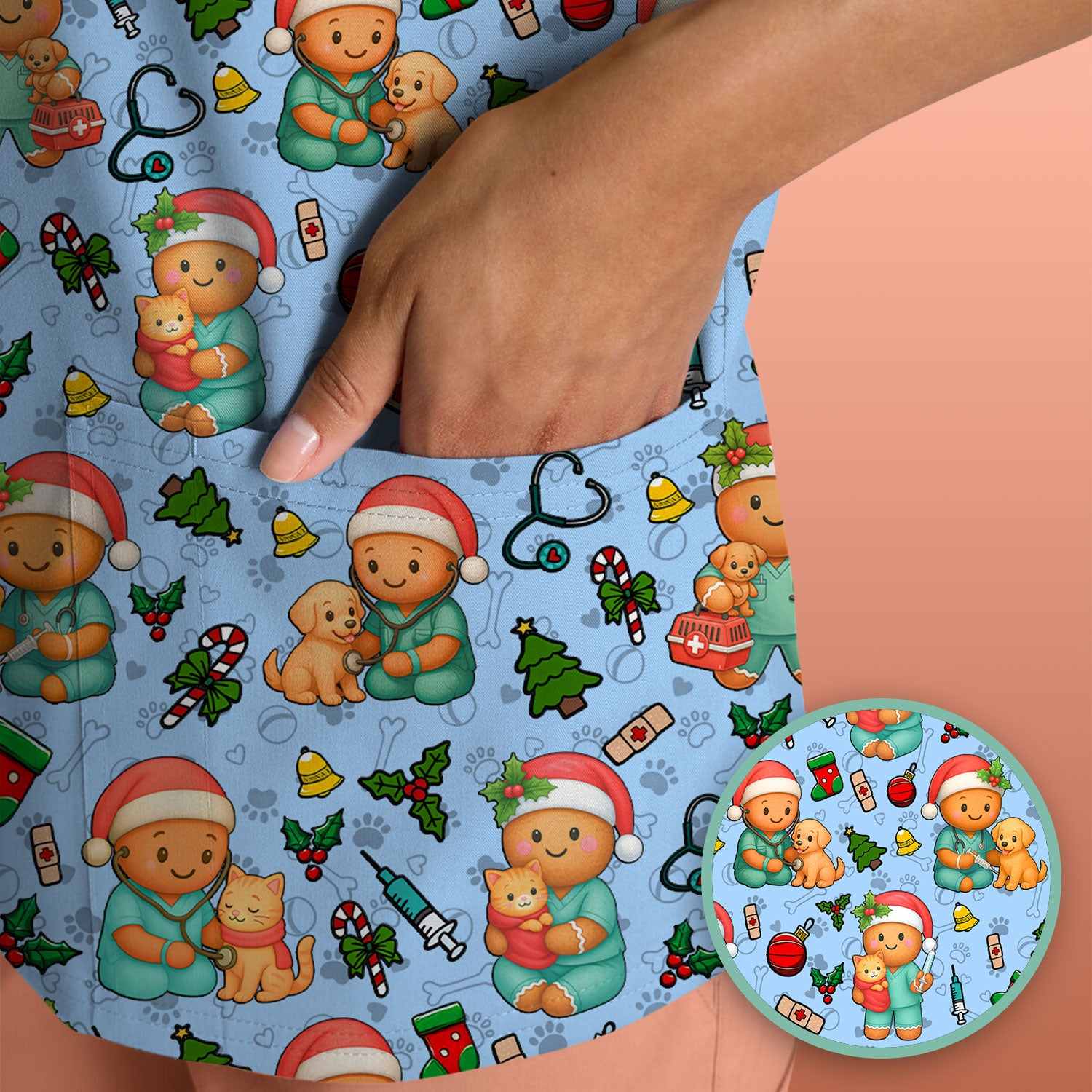 Cute Pharmacy Christmas Scrub Top – Funny Gingerbread Nurse Print Shirt – Festive Holiday Medical Uniform for Pharmacy Tech and Doctor
