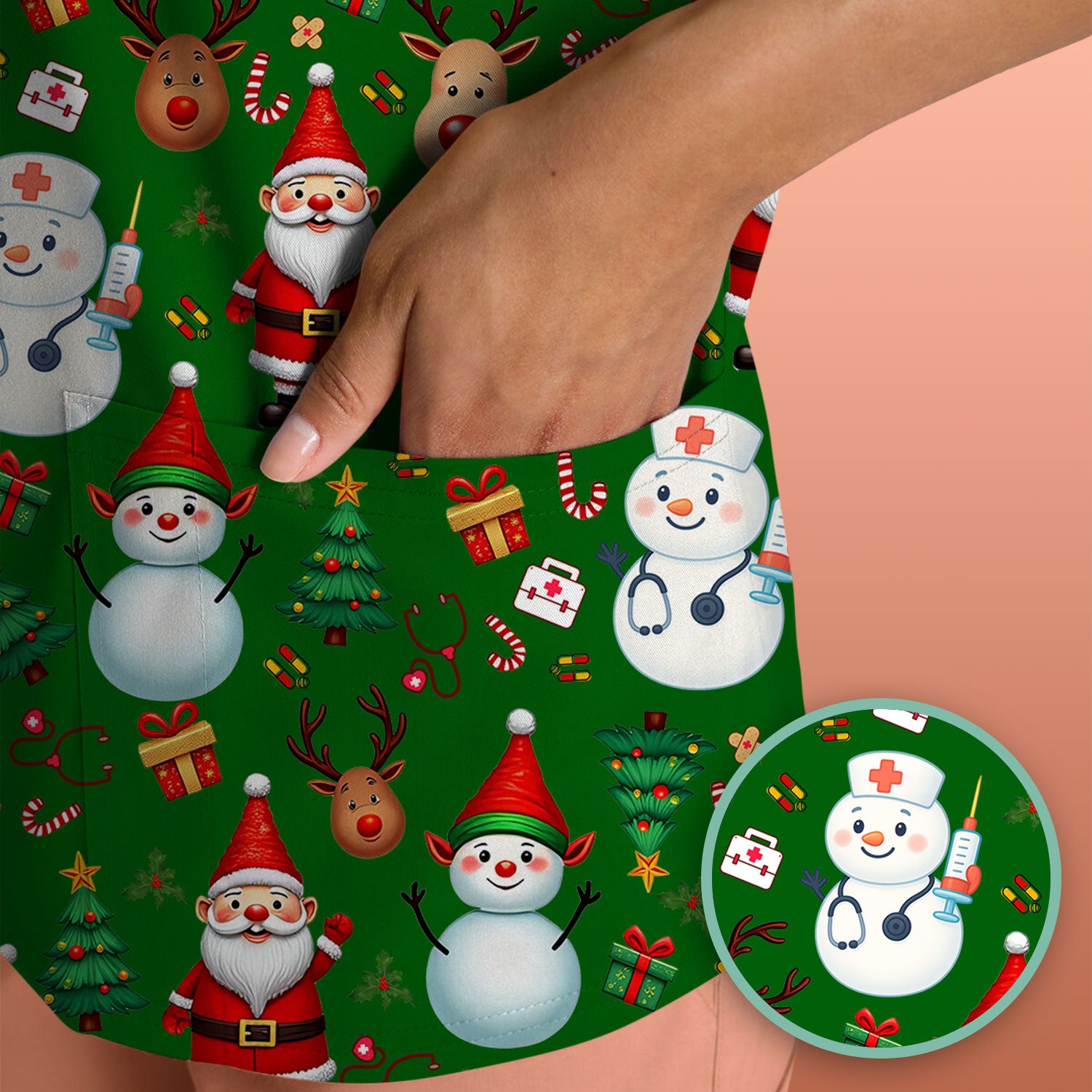 Christmas Scrub Top for Nurses - Cute Snowman Reindeer Santa Pattern - Holiday Medical Uniform RN CNA LPN Gift