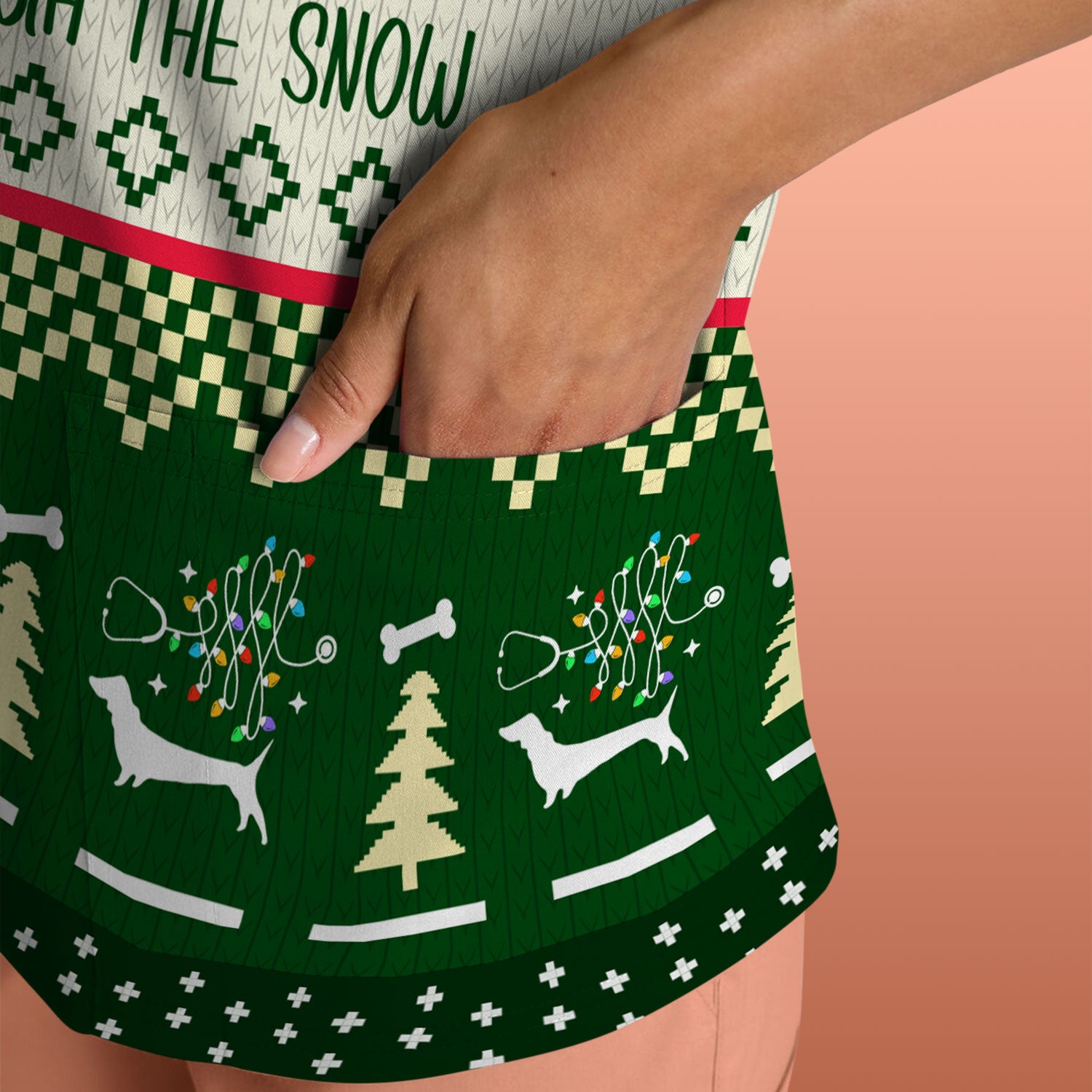 Wiener Dog Through The Snow Christmas Scrub Top - Cute Dachshund Nurse Shirt - Funny Holiday Medical Uniform