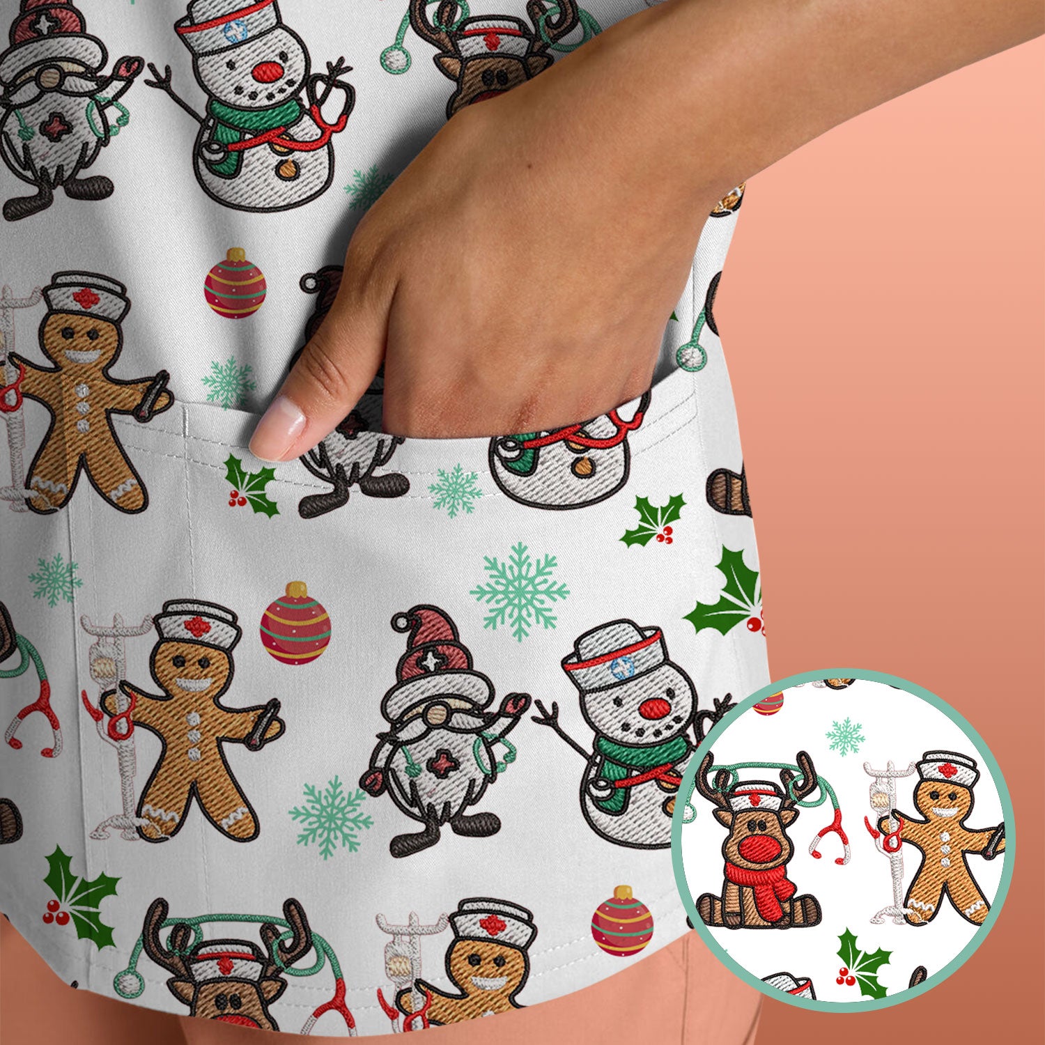Christmas Gingerbread Scrubs for Women - Comfortable Scrubs for Nurses - Reindeer Santa Med Shirt - Breathable Fabrics Nursing Uniform