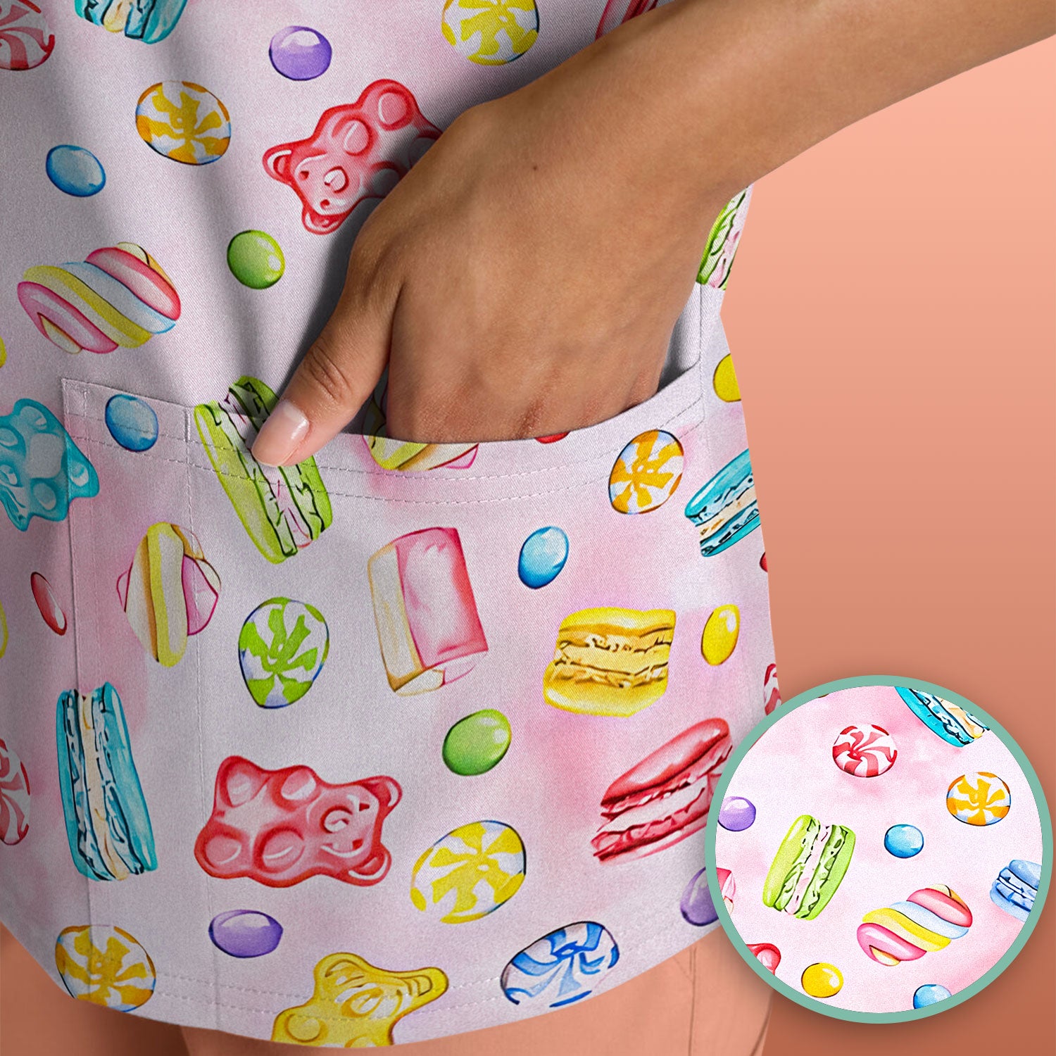 Cute Candy and Macaron Pattern Medical Scrub Top, Comfortable Scrubs for Nurses