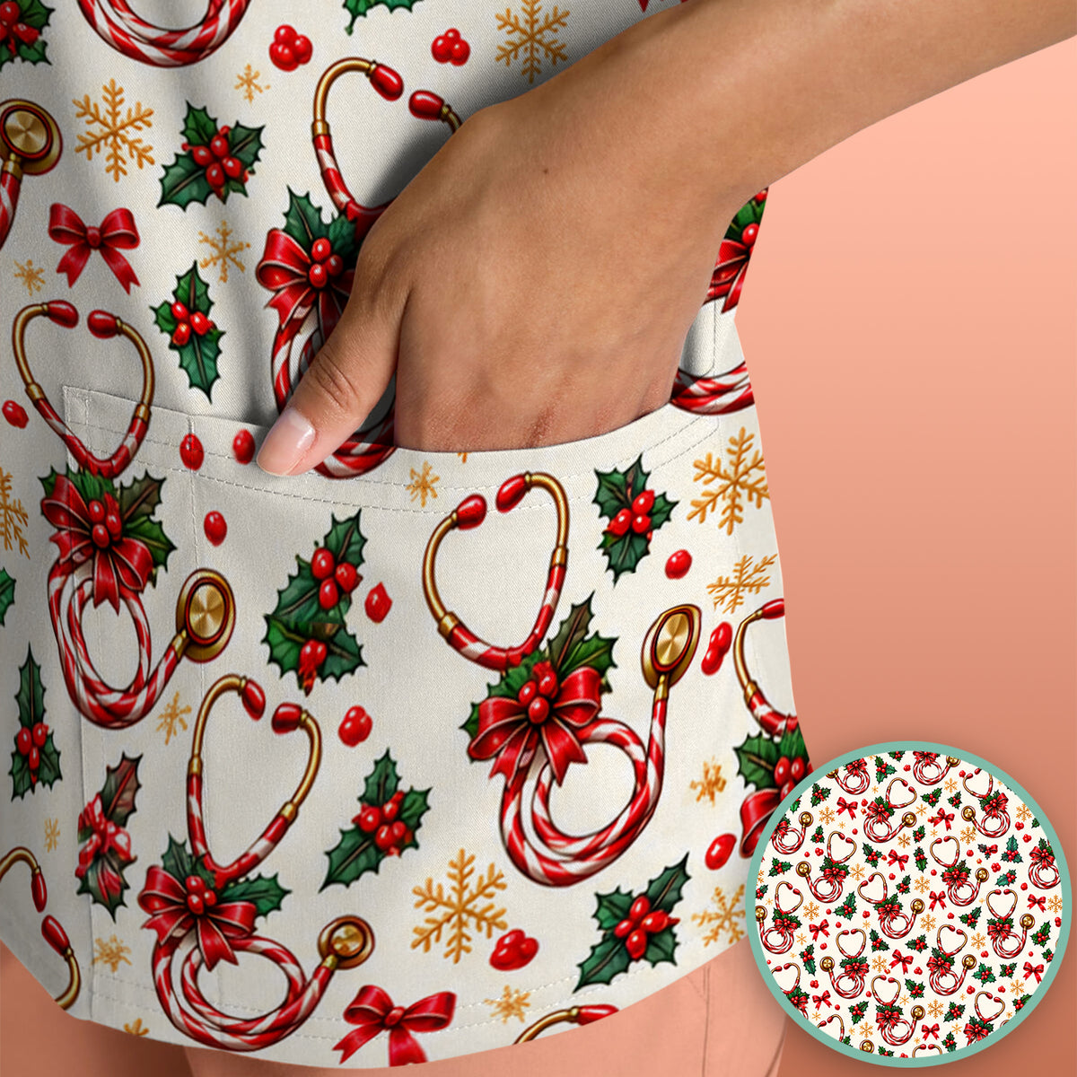 Christmas Candy Cane Stethoscope Pattern Scrub Top, Comfortable Scrubs for Nurses