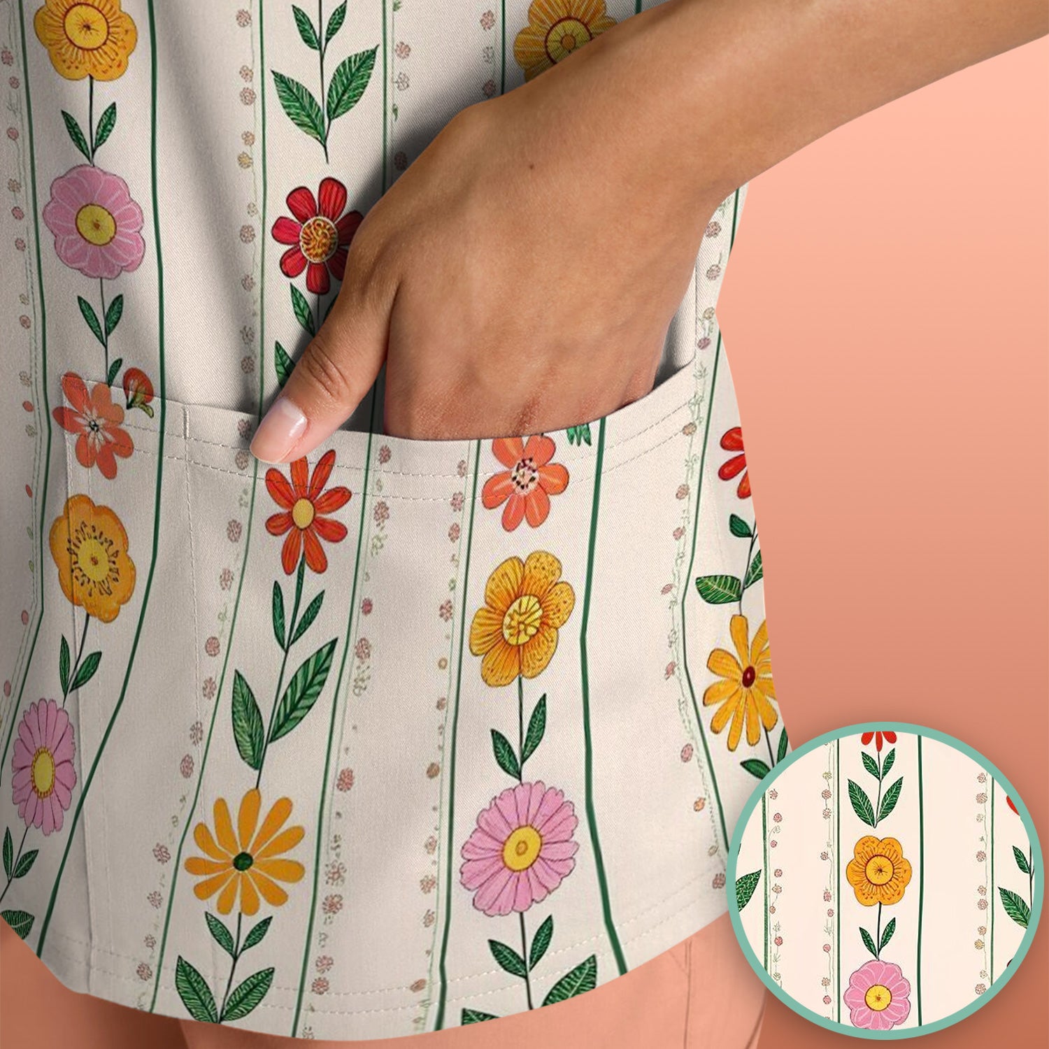 Retro Floral Stripe Nurse Scrub Top for RN, CNA, Healthcare Workers, Garden Bloom Uniform