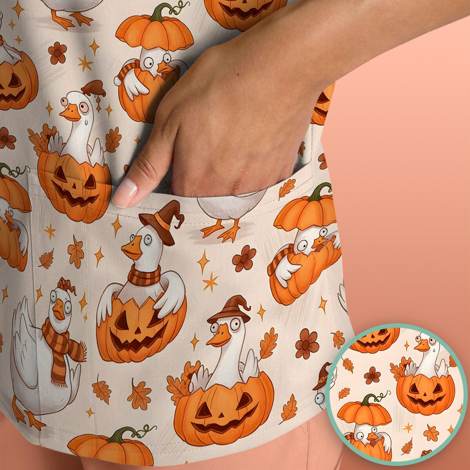 Cute Halloween Goose And Pumpkins Scrub Top, Comfortable Scrubs for Nurses