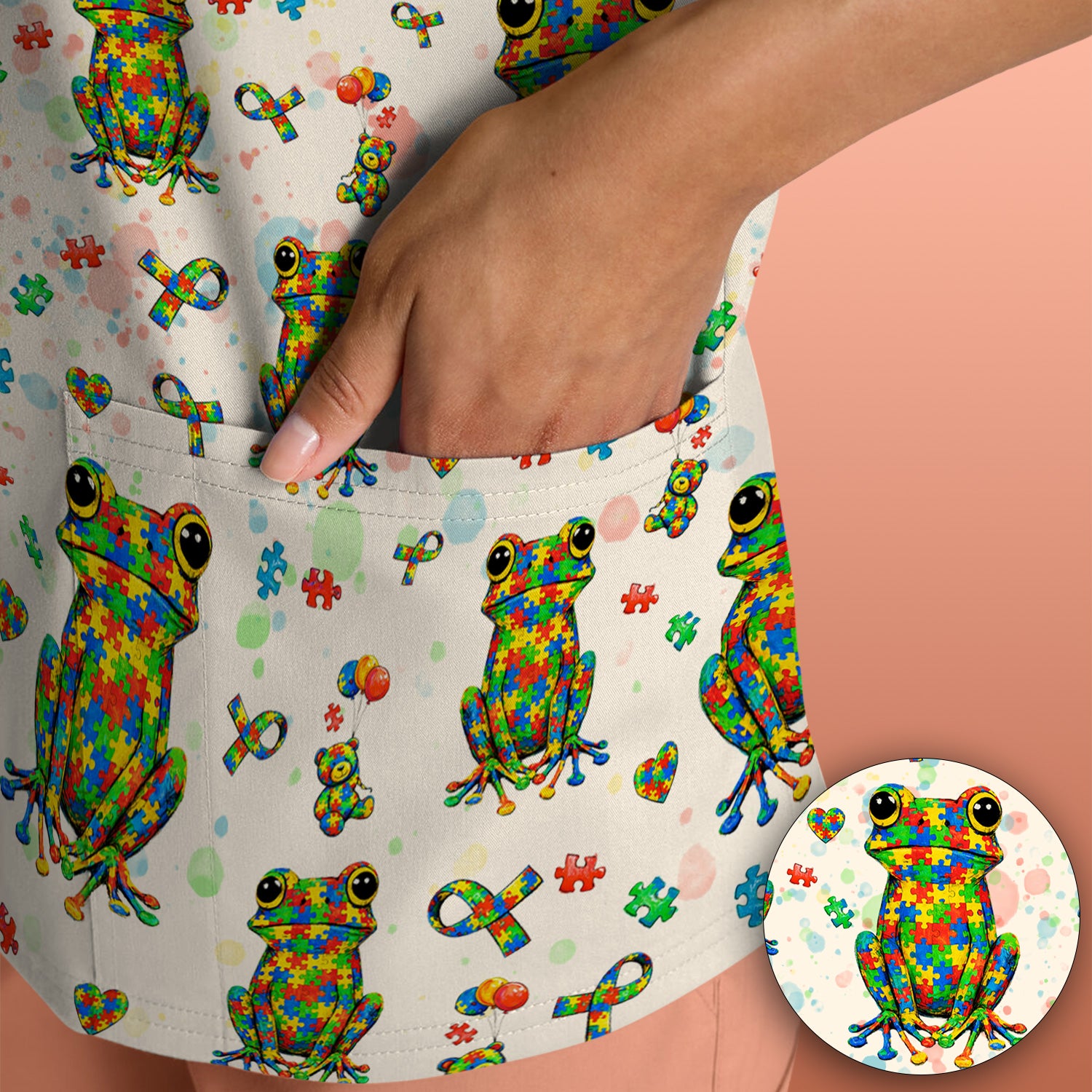 Colorful Autism Puzzle Frog Pattern Scrubs Top, Comfortable Scrubs for Nurses