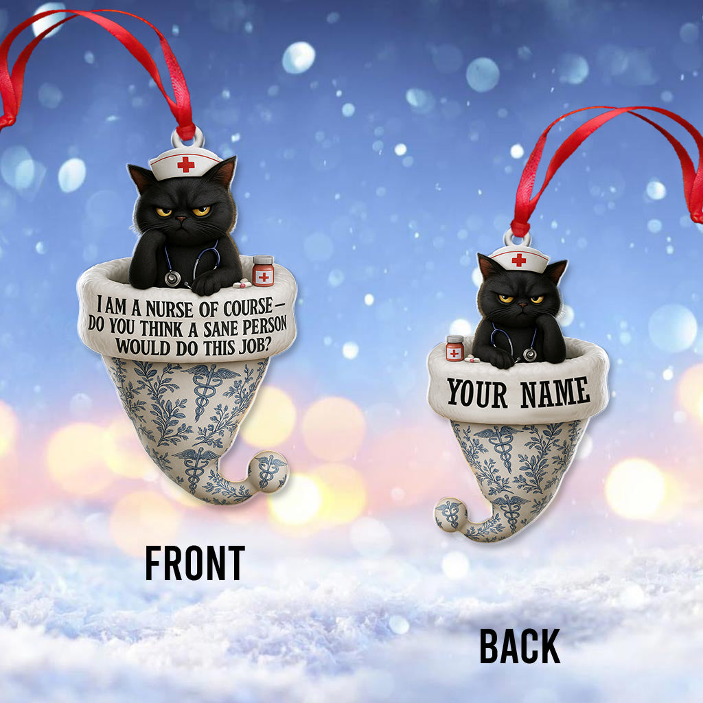 Custom Name Black Cat Nurse Ornament, Funny Toile de Jouy Nursing Christmas Decor, Sarcastic Nurse Holiday Gift