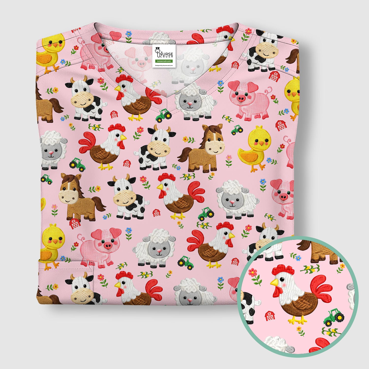 Cartoon Farm Animal Pattern Scrub Top, Breathable Fabrics Nursing Uniform