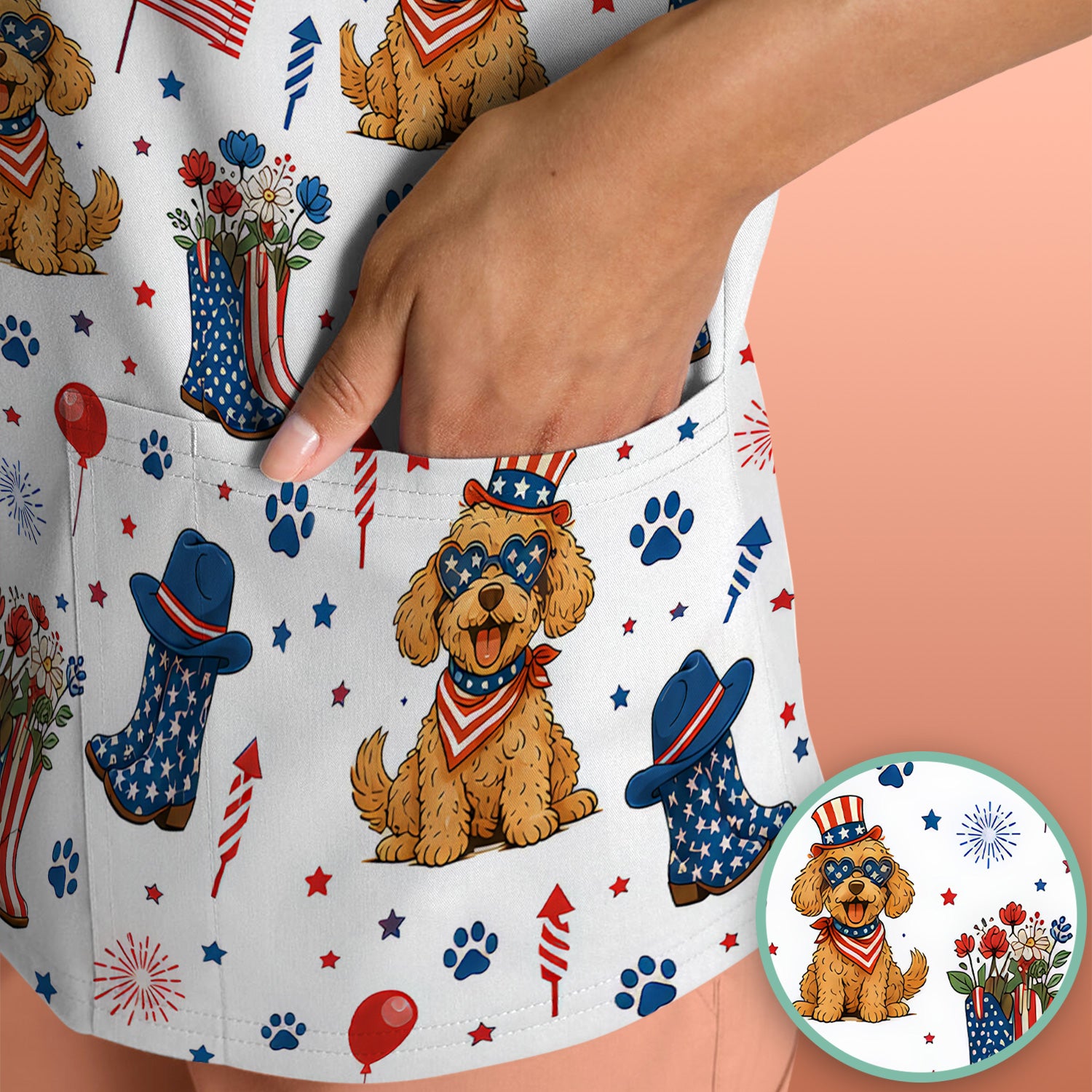 Patriotic Puppy Cowboy Boots Pattern Scrub Top, Comfortable Scrubs for Nurses