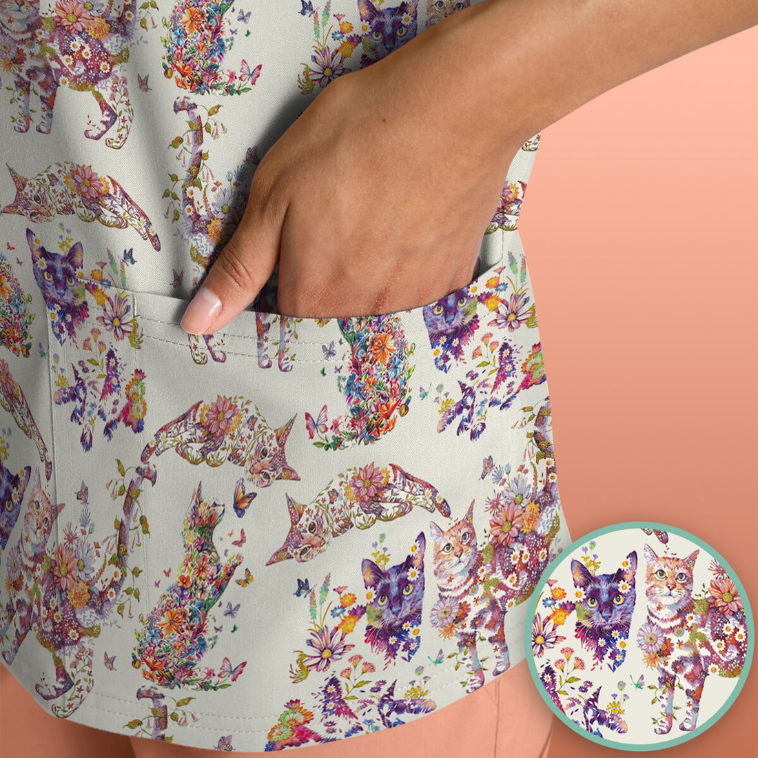 Whimsical Floral Cat Garden Pattern Scrub Top, Comfortable Scrubs for Nurses