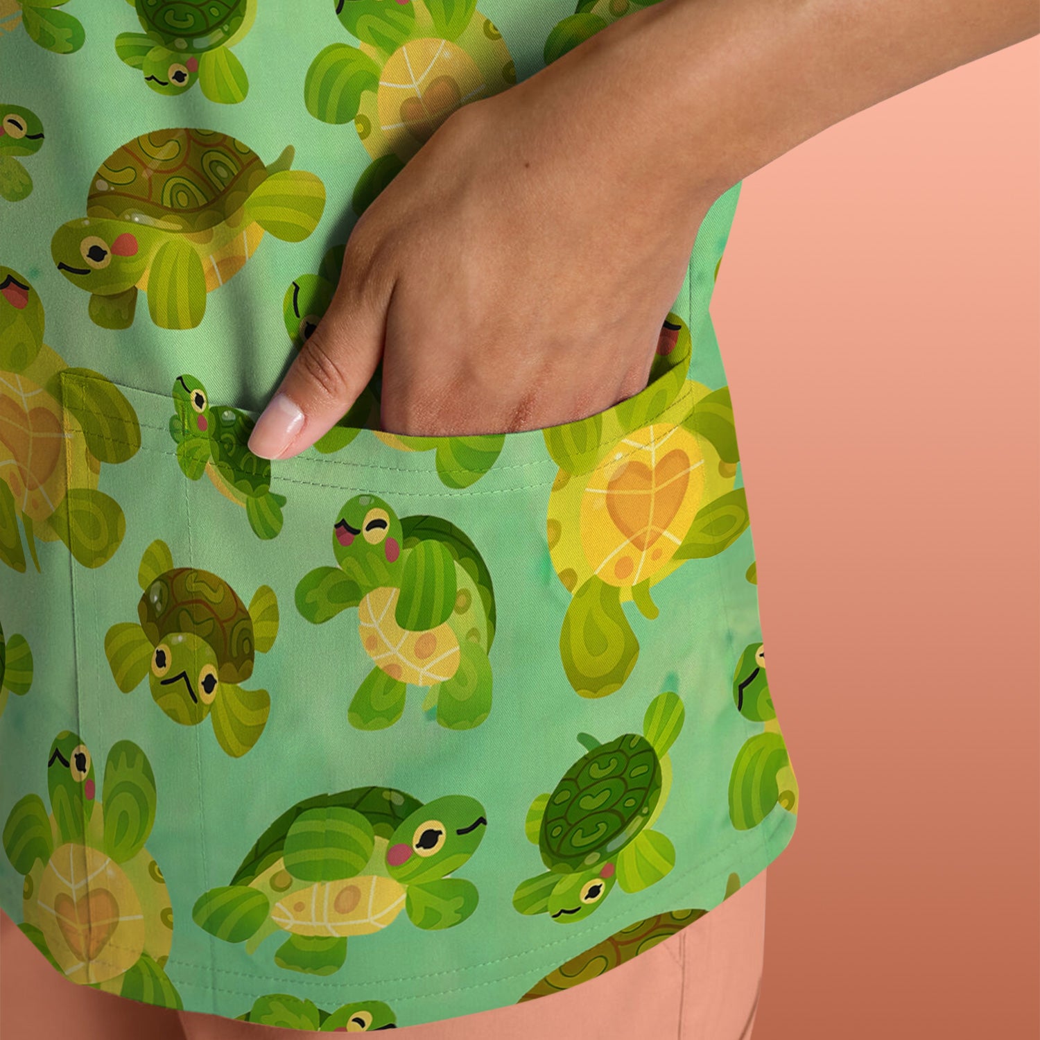 Cute Green Sea Turtle Pattern Scrubs Top, Breathable Fabrics Nursing Uniform