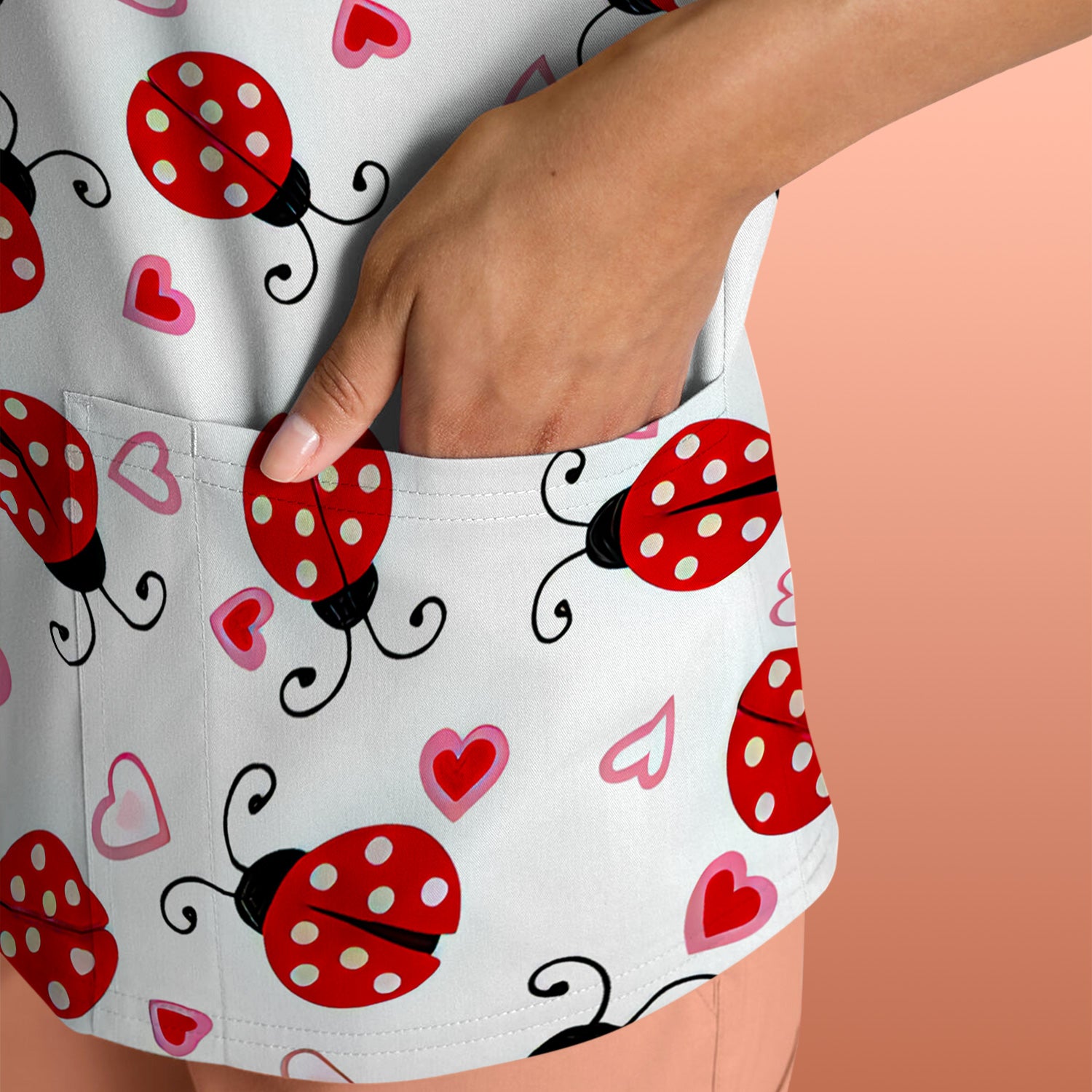 Cute Ladybug Heart Love Pattern Scrub Top, Breathable Fabrics Nursing Uniform