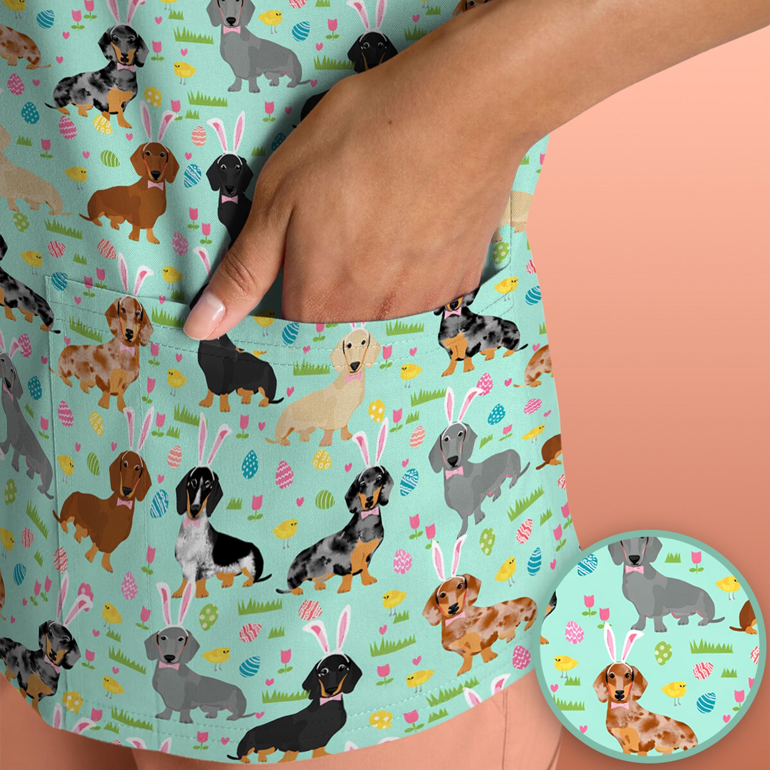 Easter Dachshund Dog Pattern Scrub Top, Comfortable Scrubs for Nurses