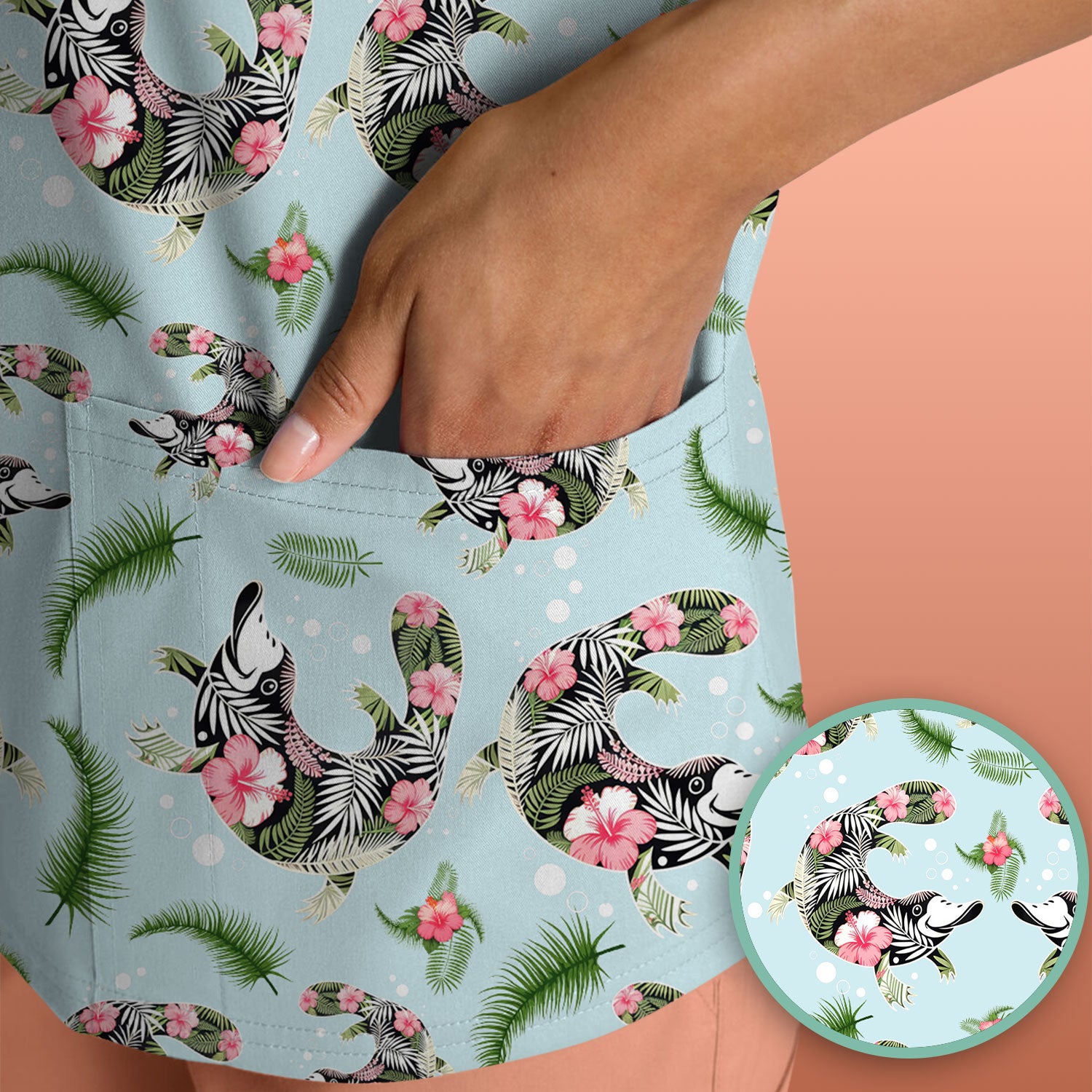 Cute Platypus Scrub Top, Tropical Floral Animal Pattern Nurse Shirt, Breathable Fabrics Nursing Uniform