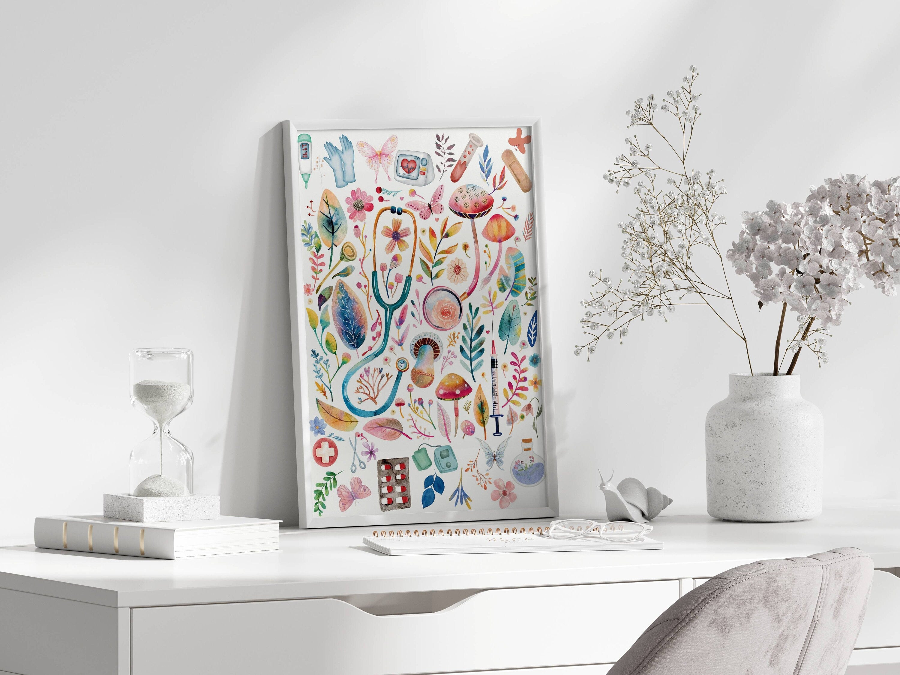 Watercolor Nurse Tools Garden Canvas Wall Art, Clinic Decor