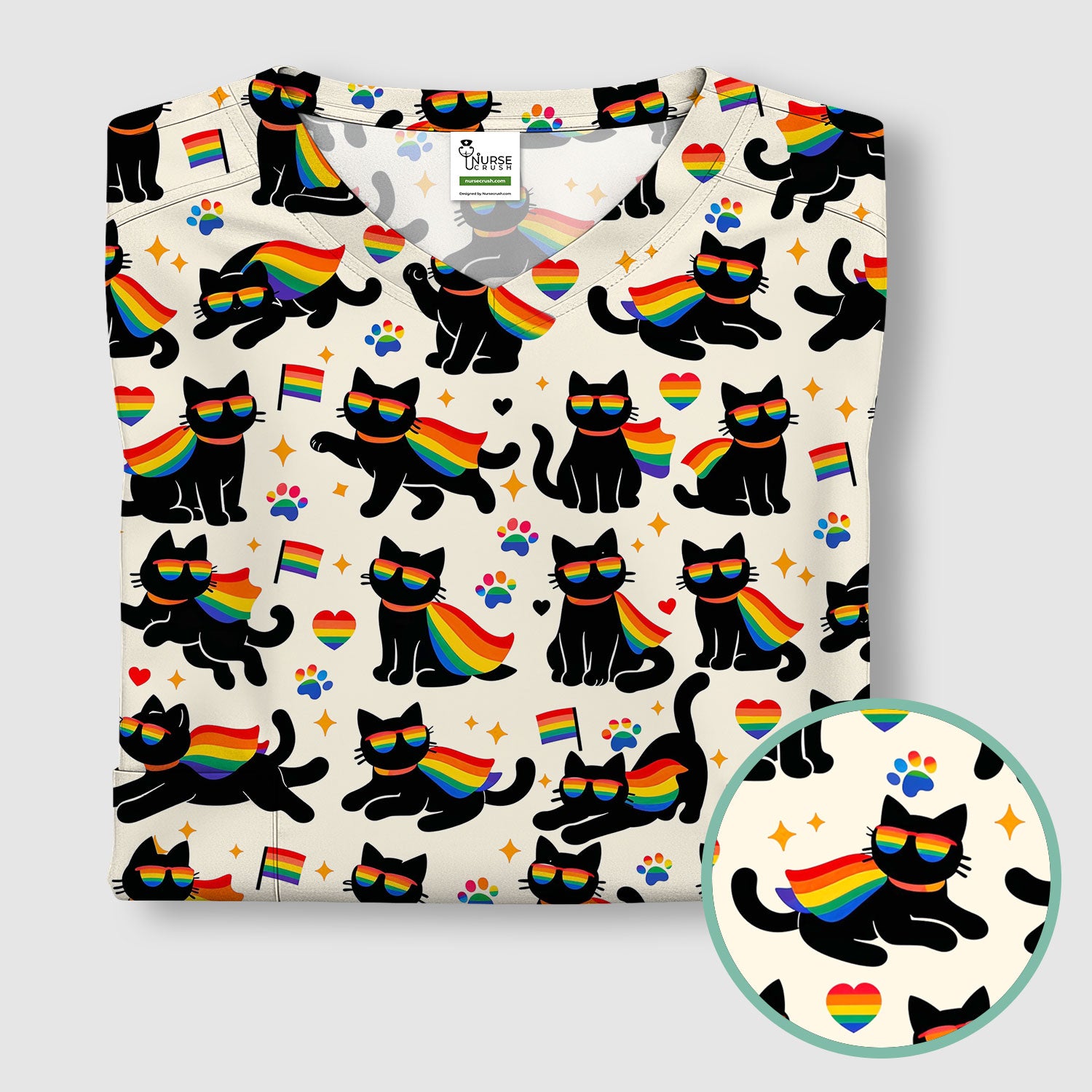 Rainbow Black Cat Pride Pattern Scrub Top, Breathable Fabrics Nursing Uniform
