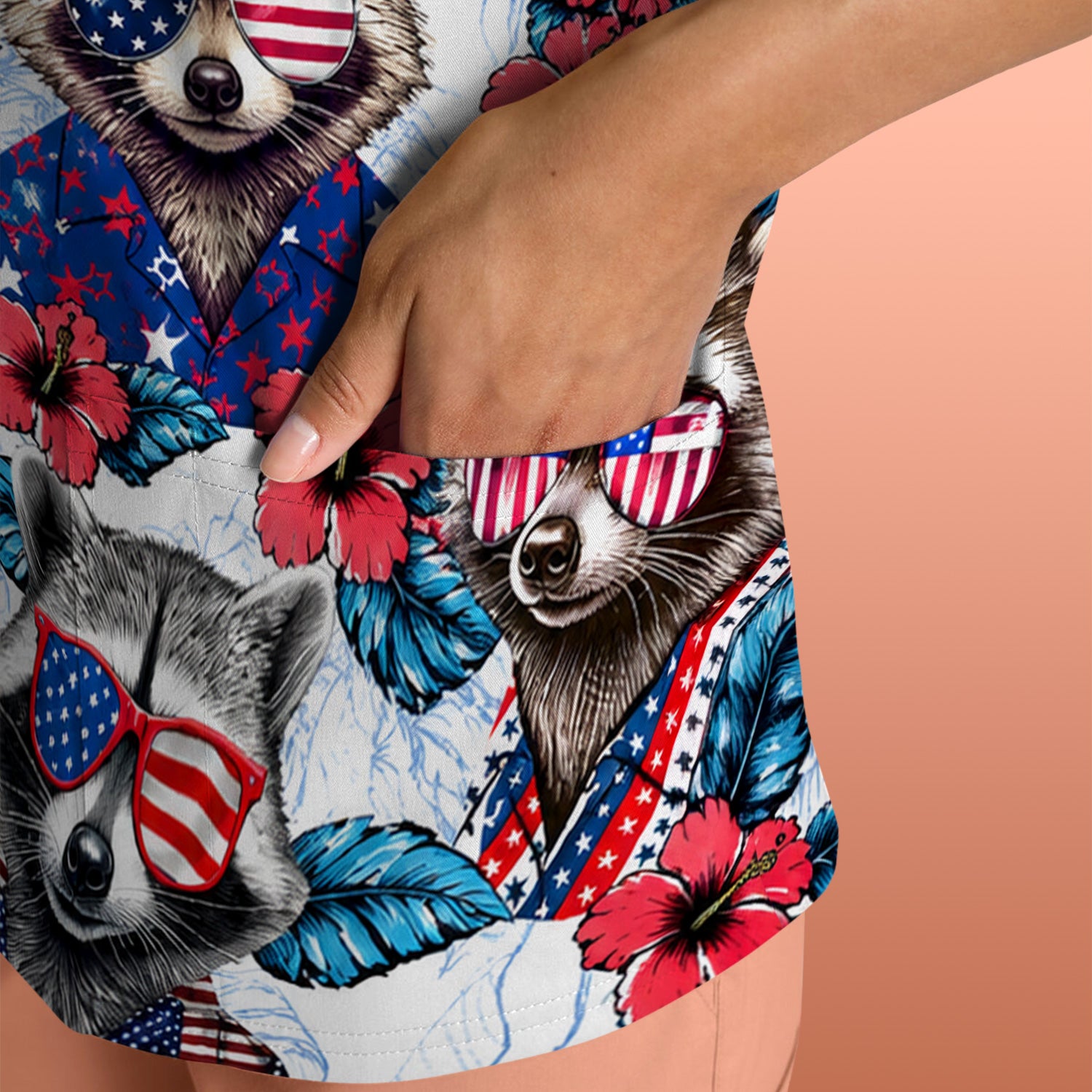 Funny Patriotic Raccoon Sunglasses Pattern Scrub Top, Comfortable Scrubs for Nurses