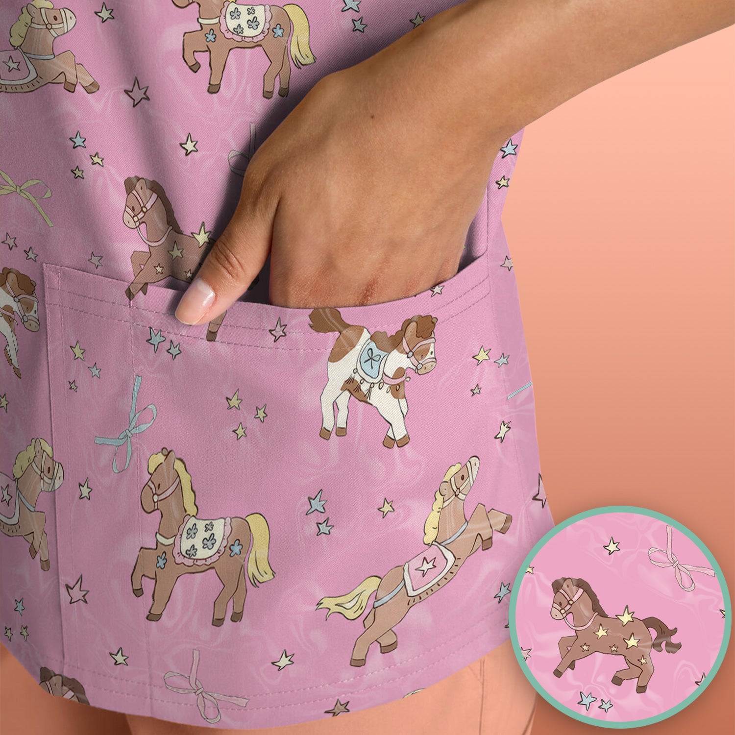 Cute Pony Star Pattern Scrub Top, Comfortable Scrubs for Nurses