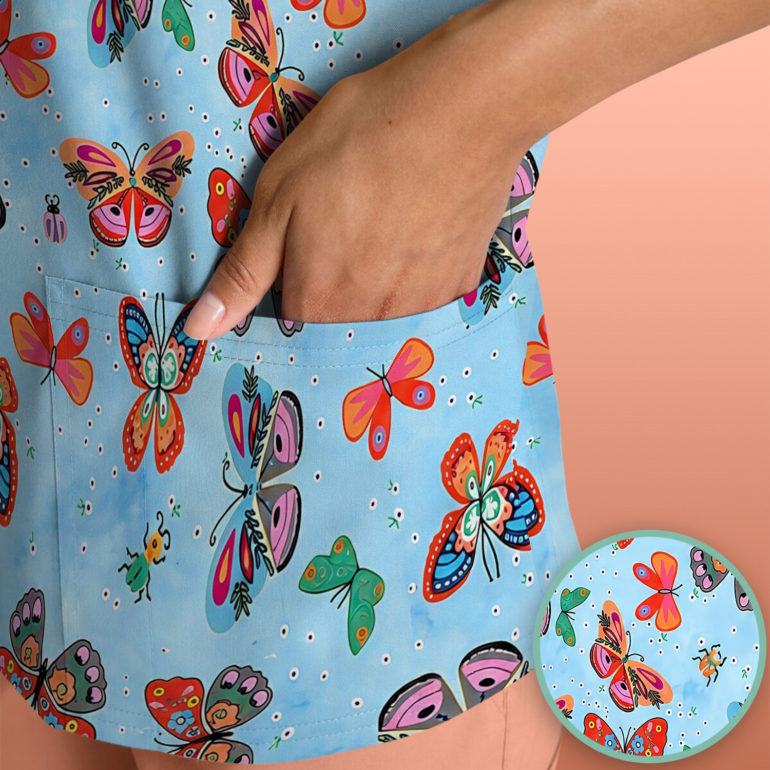 Colorful Butterfly Garden Pattern Scrub Top, Breathable Fabrics Nursing Uniform