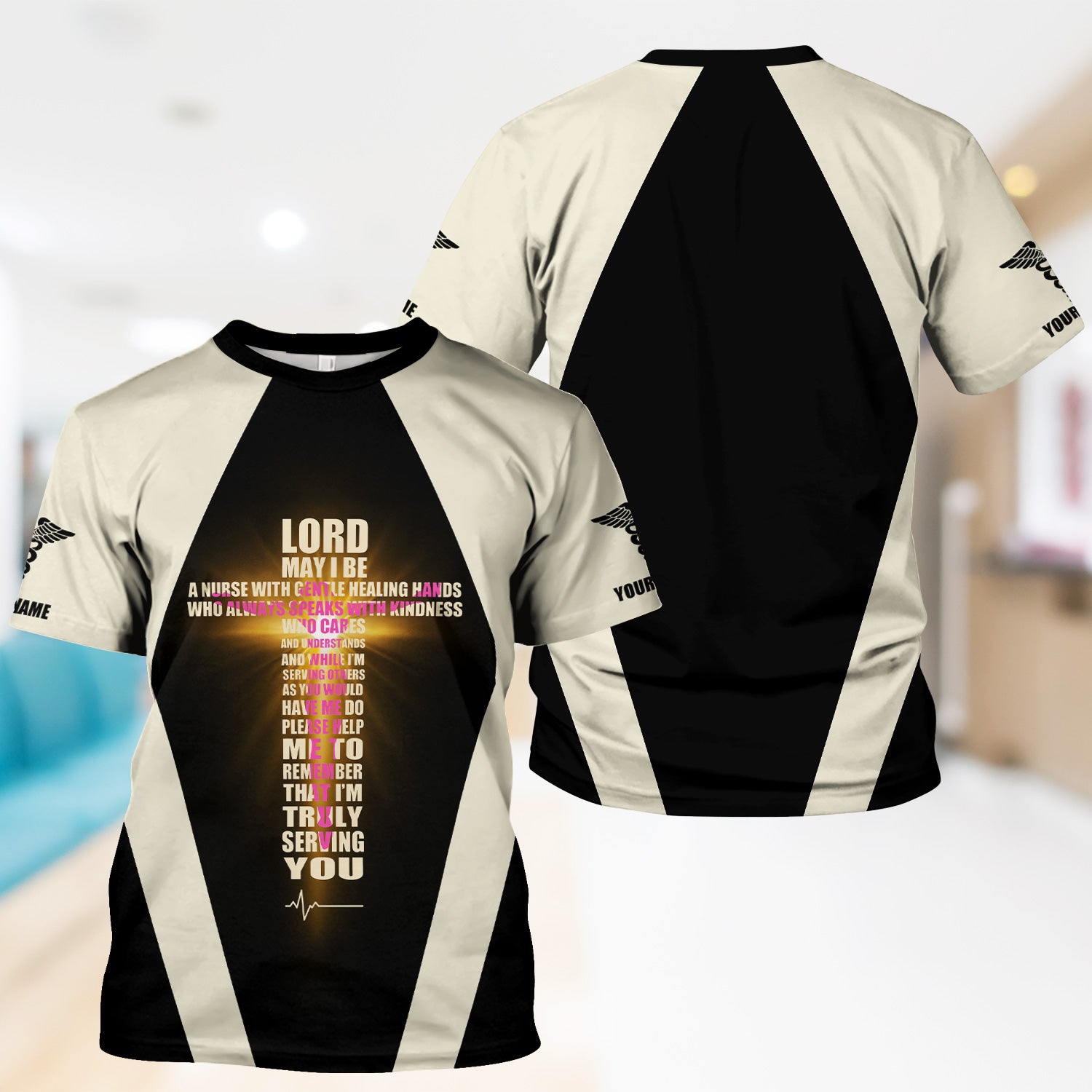 Personalized Christian Nurse Scrub Top - Lord Prayer Healing Hands Quote - Gift for RN LPN CNA Healthcare Workers