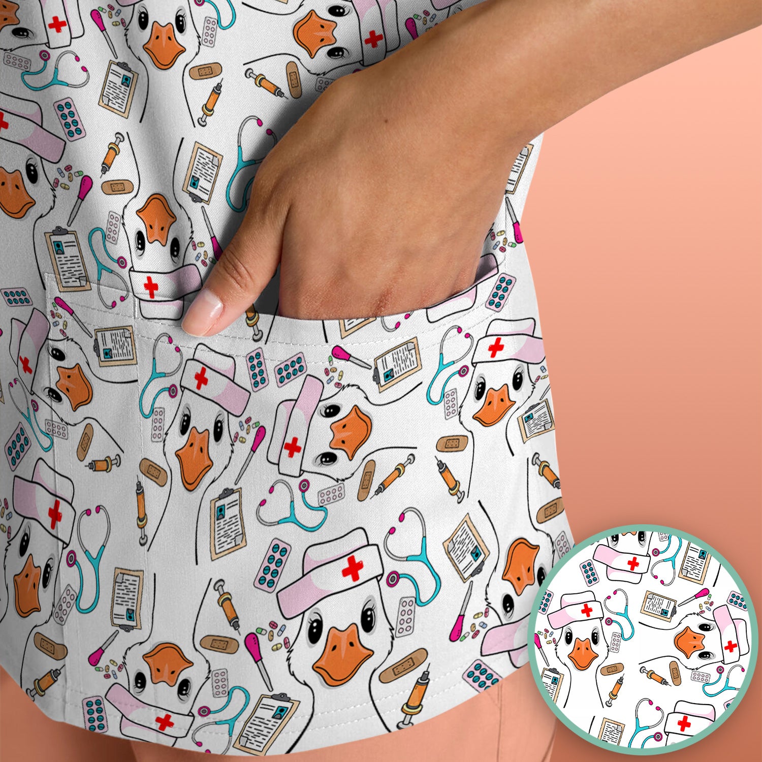 Duck Wearing Hat With Medical Tools Scrub Top, Breathable Fabrics Nursing Uniform