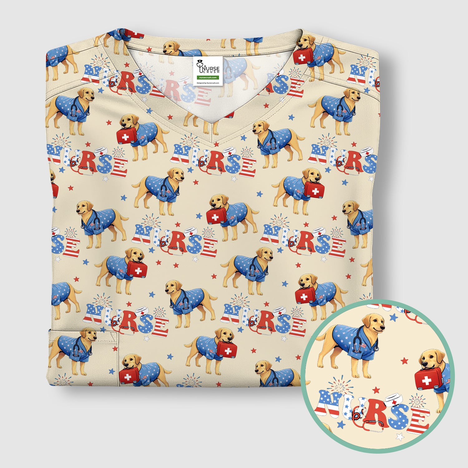Patriotic Nurse Dog Medical Pattern Scrub Top, Breathable Fabrics Nursing Uniform