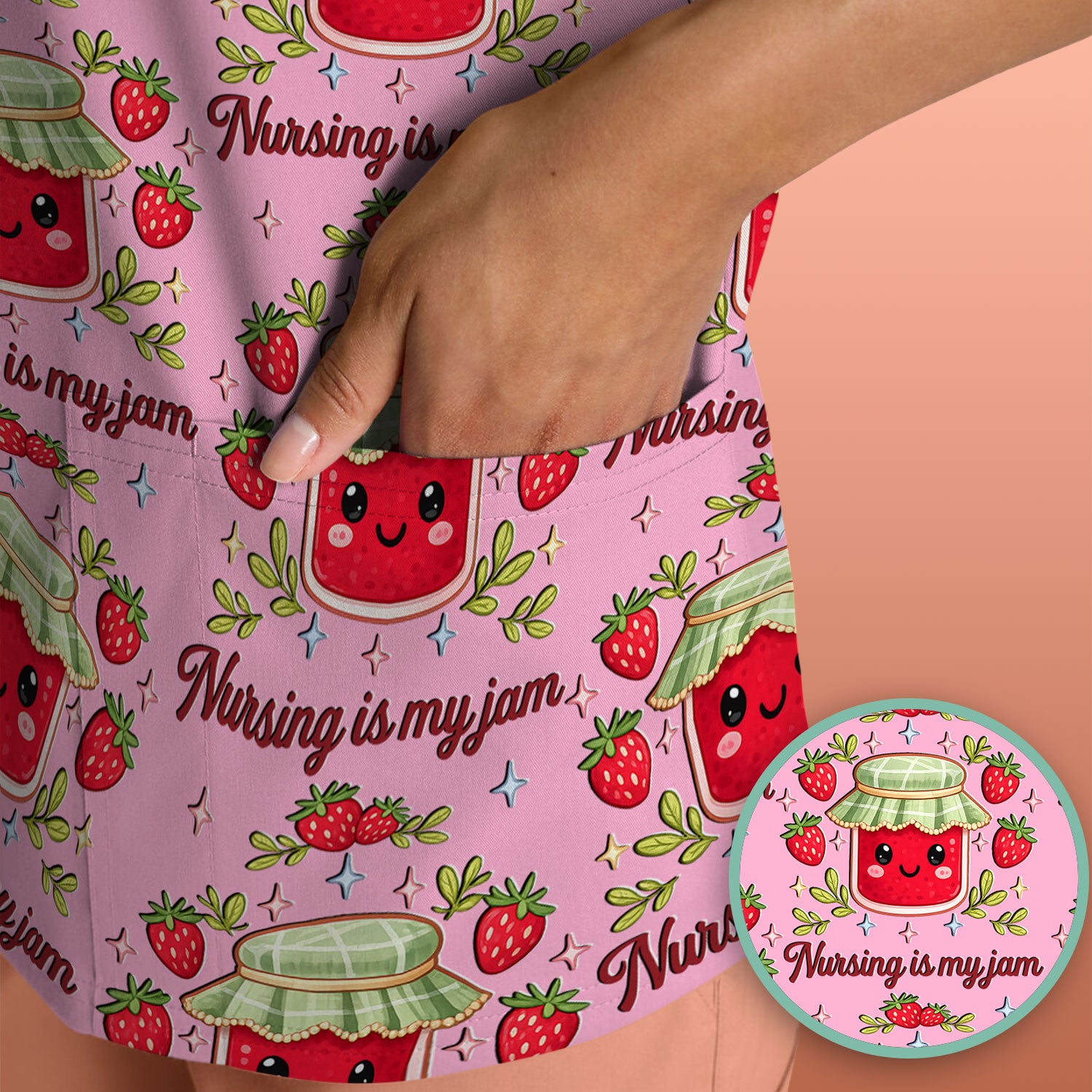 Cute Strawberry Jam Nurse Pattern Scrub Top, Breathable Fabrics Nursing Uniform