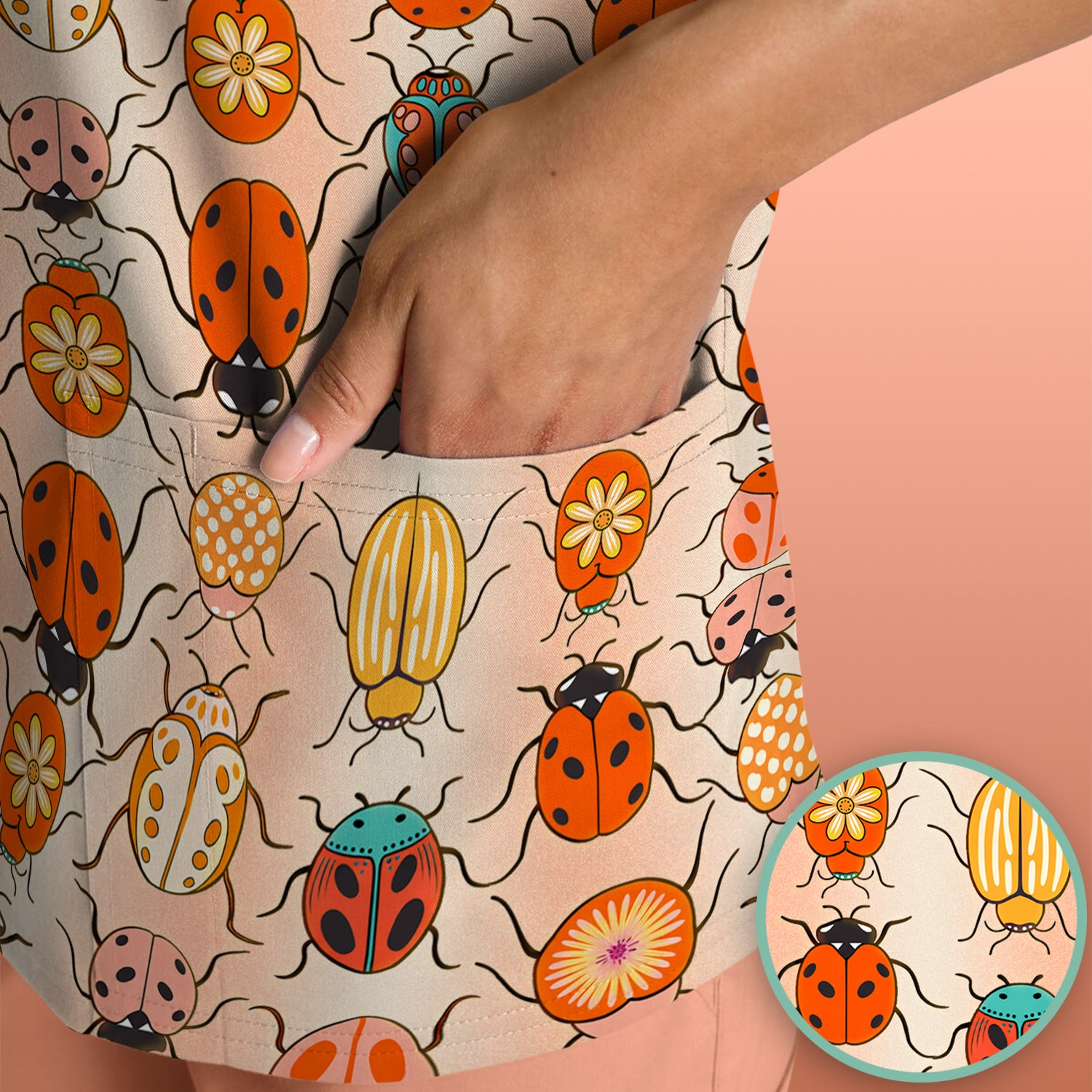 Cute Ladybug Beetle Floral Pattern Scrub Top, Breathable Fabrics Nursing Uniform