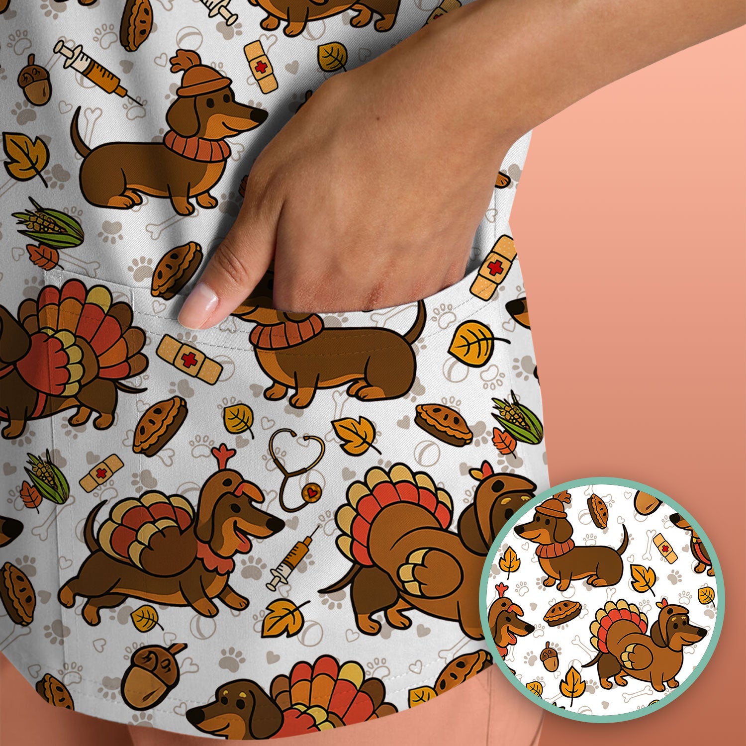 Thanksgiving Dachshund Scrubs Top - Cute Dog Turkey Medical Uniform Shirt for Nurses - Funny Holiday Gift