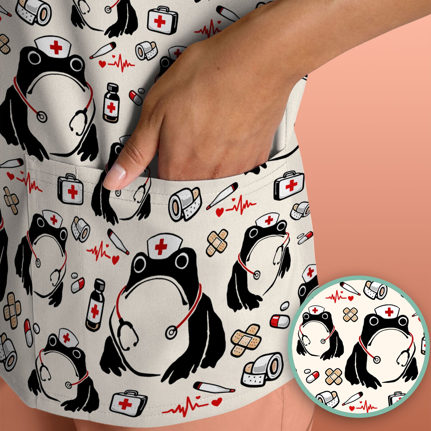Cute Frog Nurse Medical Print Scrub Top, Comfortable Scrubs for Nurses