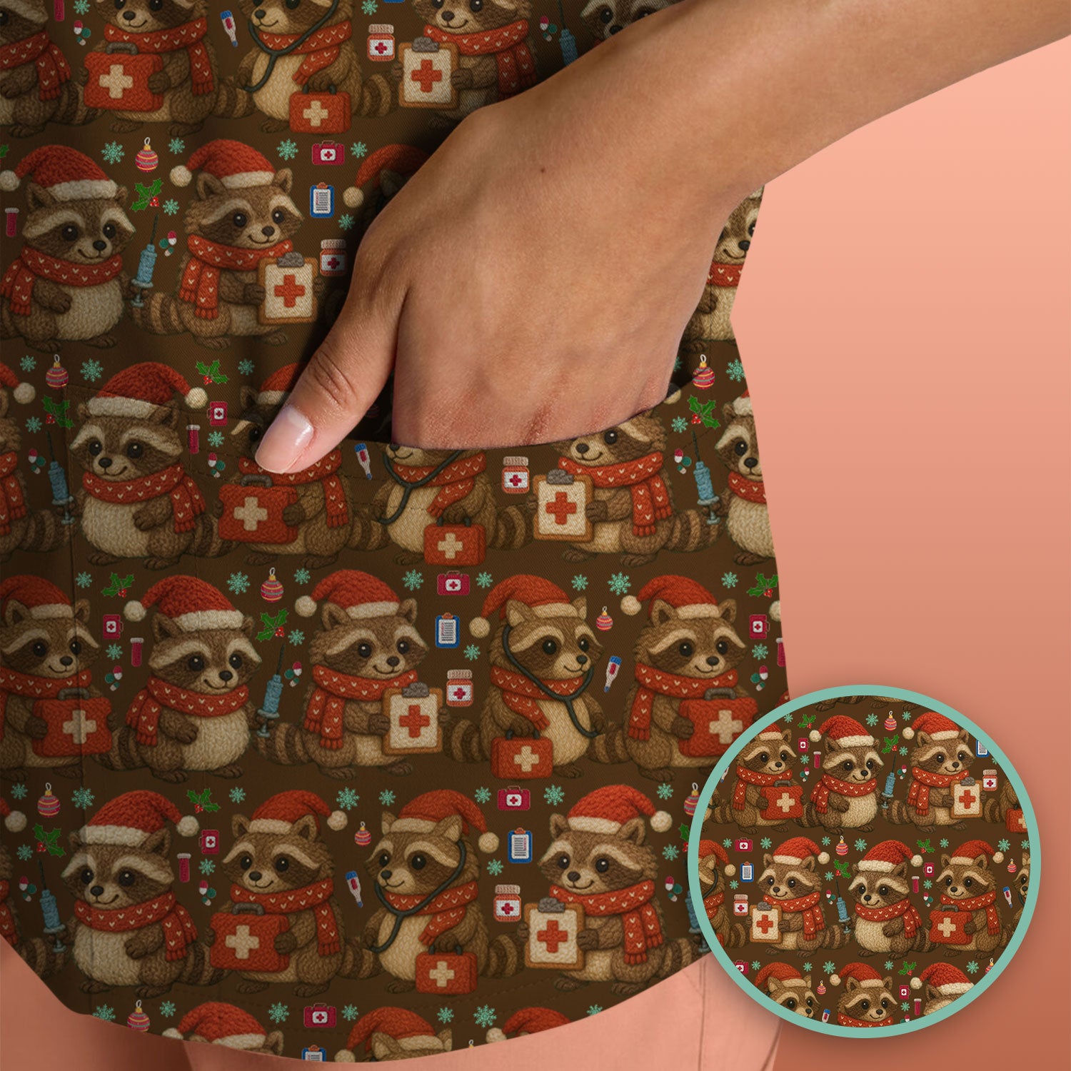Christmas Scrub Top – Nurse Raccoon Pattern Shirt – Cute Medical Uniform For Nursing