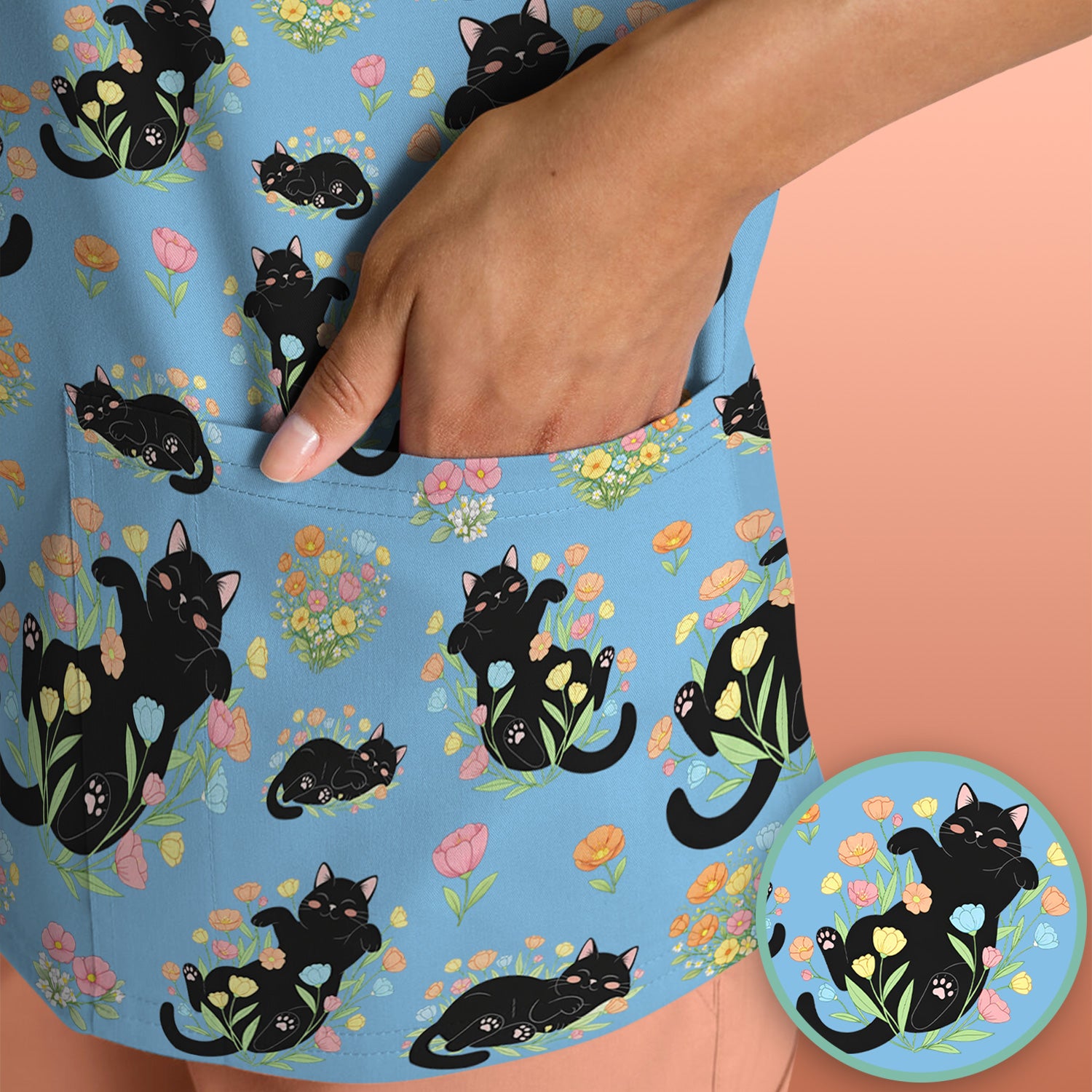 Cats With Cute Poses Floral Pattern Scrubs Top, Comfortable Scrubs for Nurses