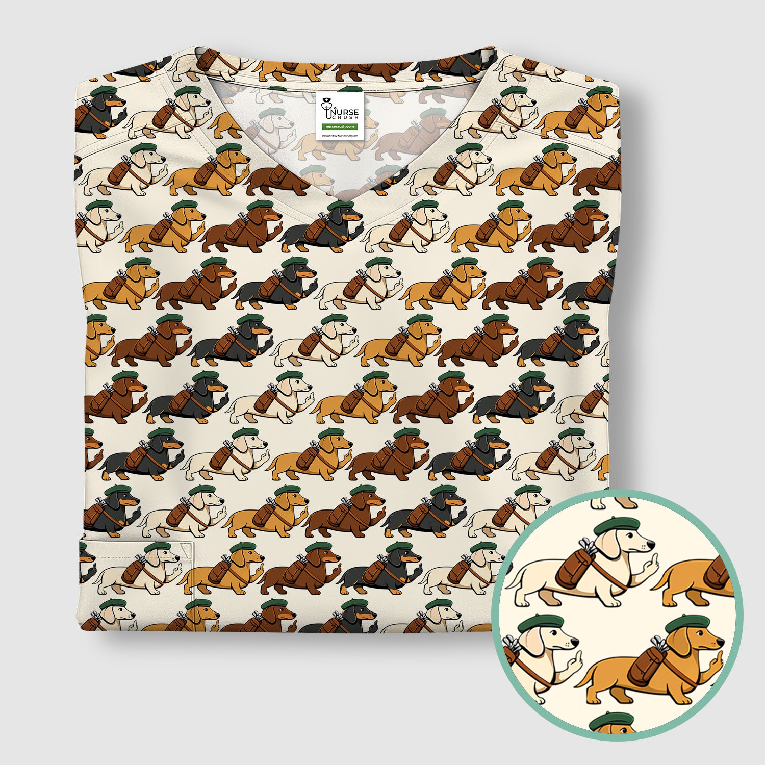 Cartoon Dachshund Dog Wearing Hat And Backpack Pattern Scrub Top, Breathable Fabrics Nursing Uniform