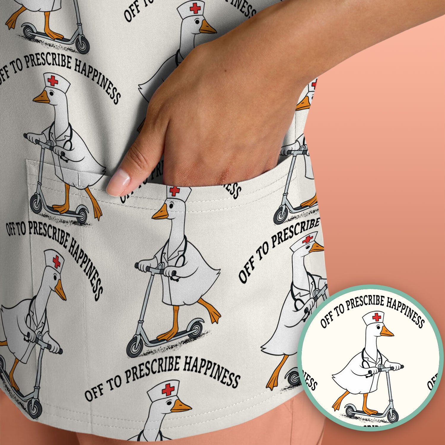Nurse Goose Scooter Print Scrub Top, Breathable Fabrics Nursing Uniform