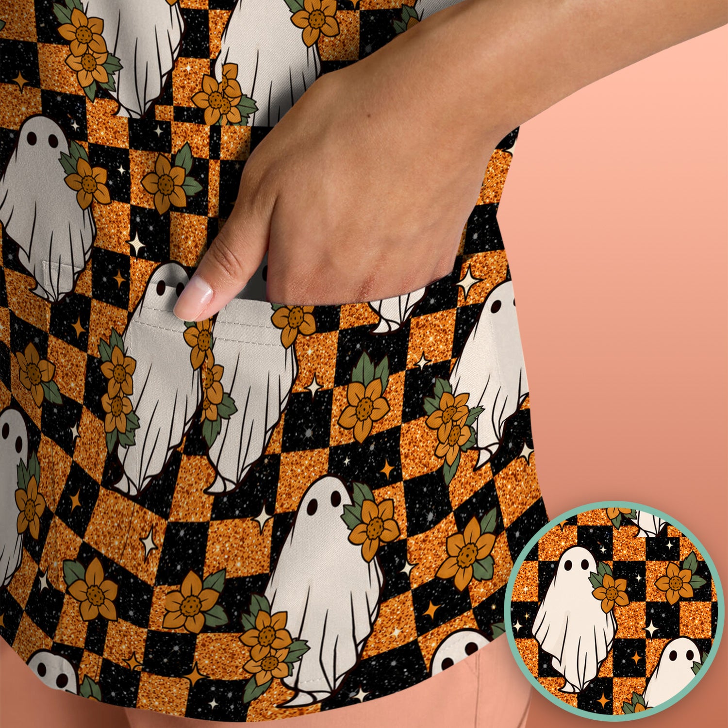 Spooky Halloween Ghost Checkerboard Scrub Top, Comfortable Scrubs for Nurses