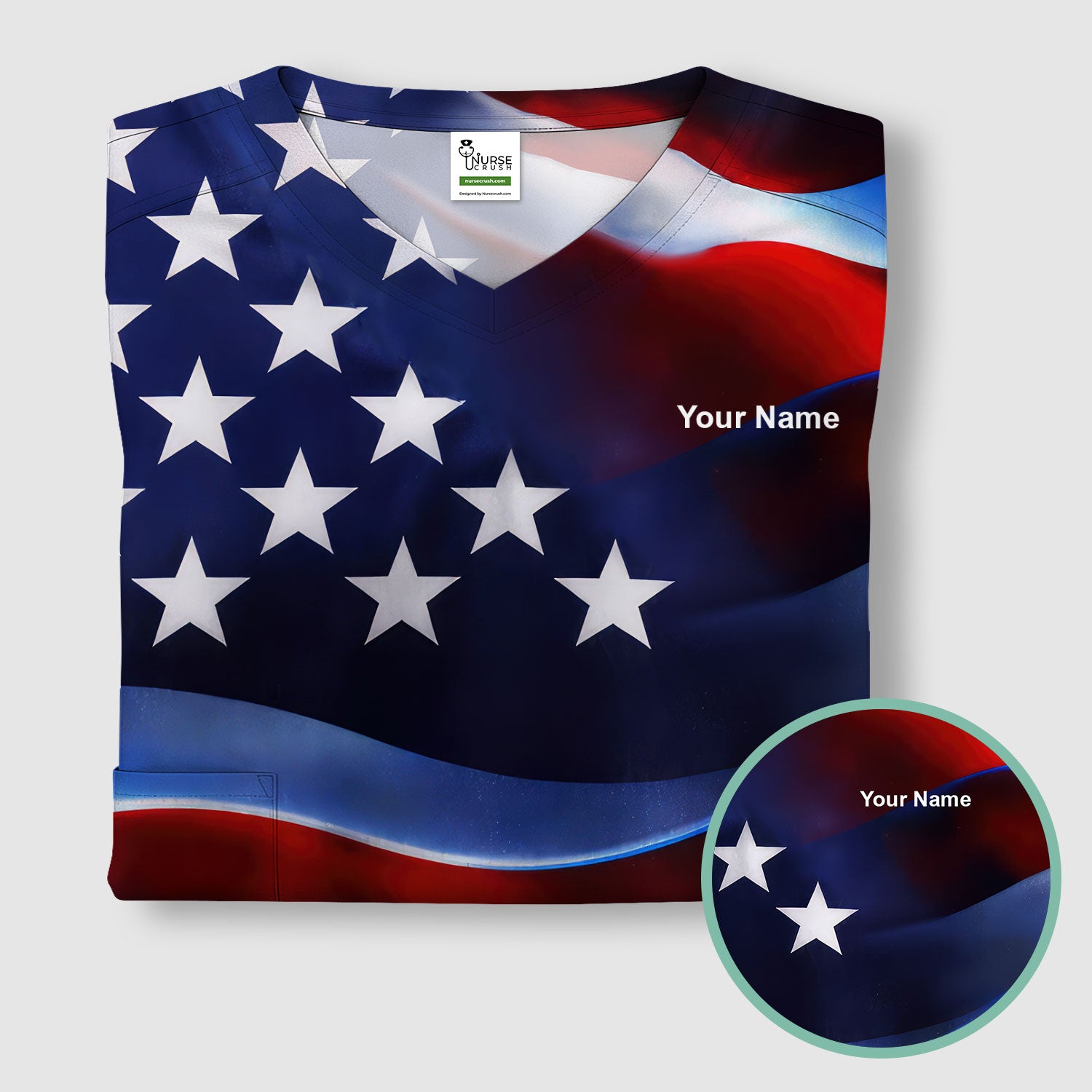 Personalized American Flag Stars Stripes Pattern Nurse Scrub Top, Comfortable Scrubs for Nurses