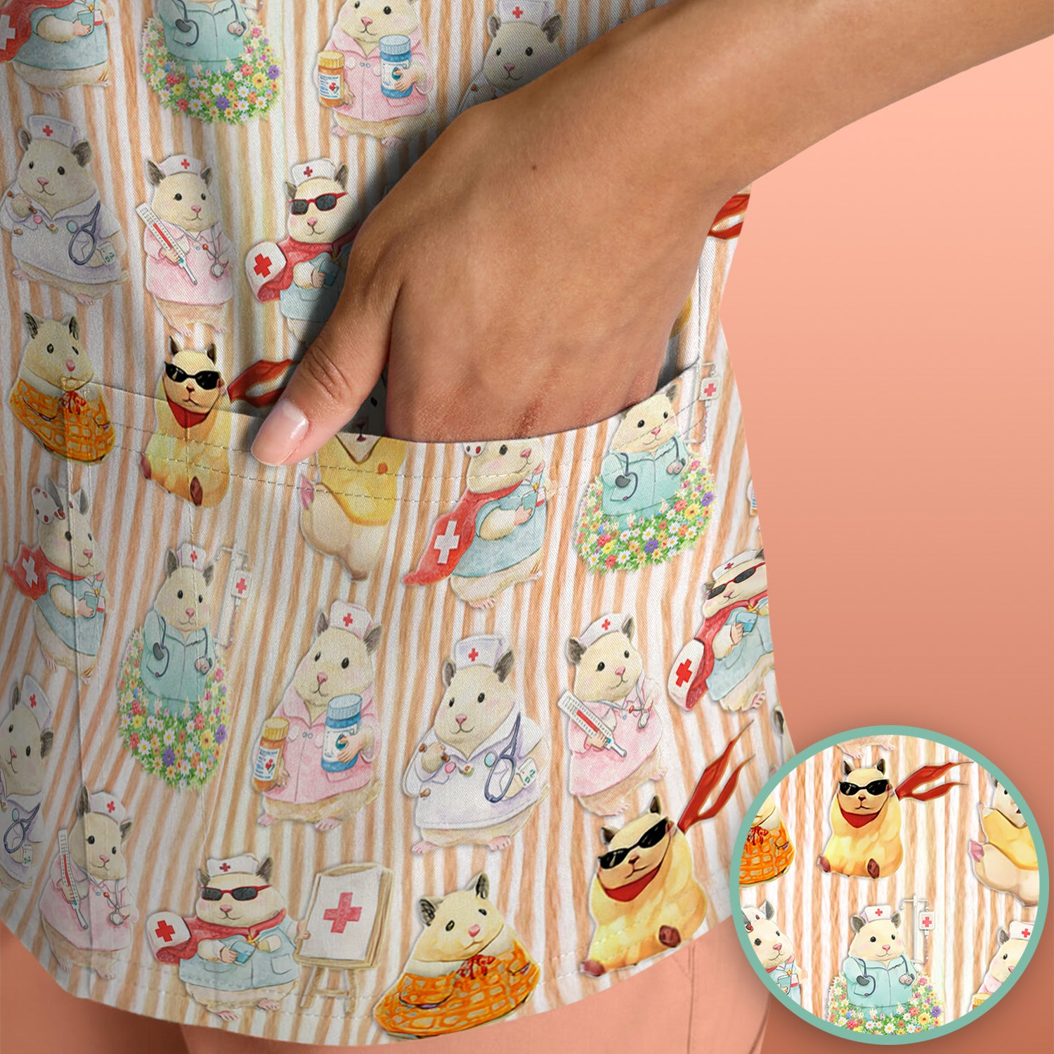 Cute Nurse Hamster Pattern Scrubs Top, Comfortable Scrubs for Nurses