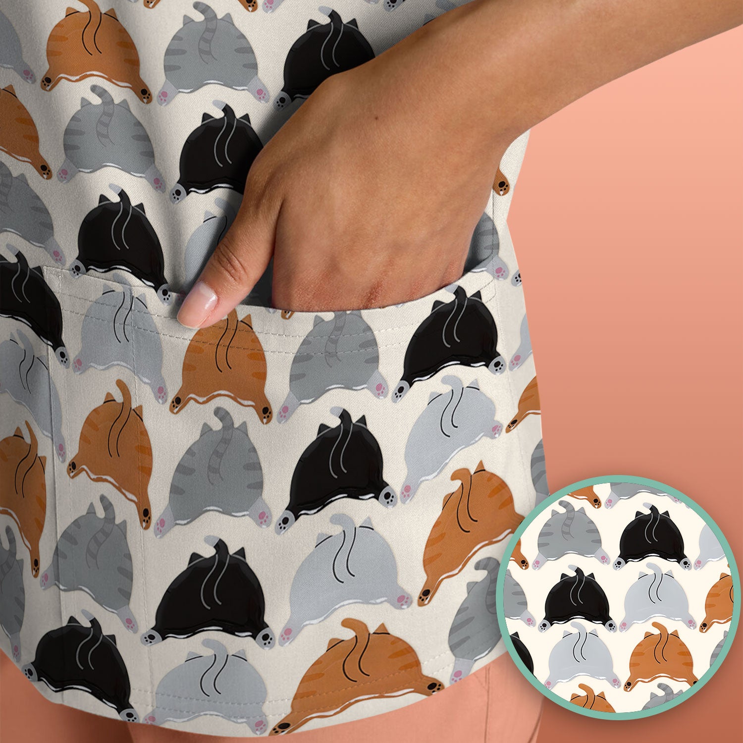 Playful Multicolor Cat Print Scrub Top, Breathable Fabrics Nursing Uniform