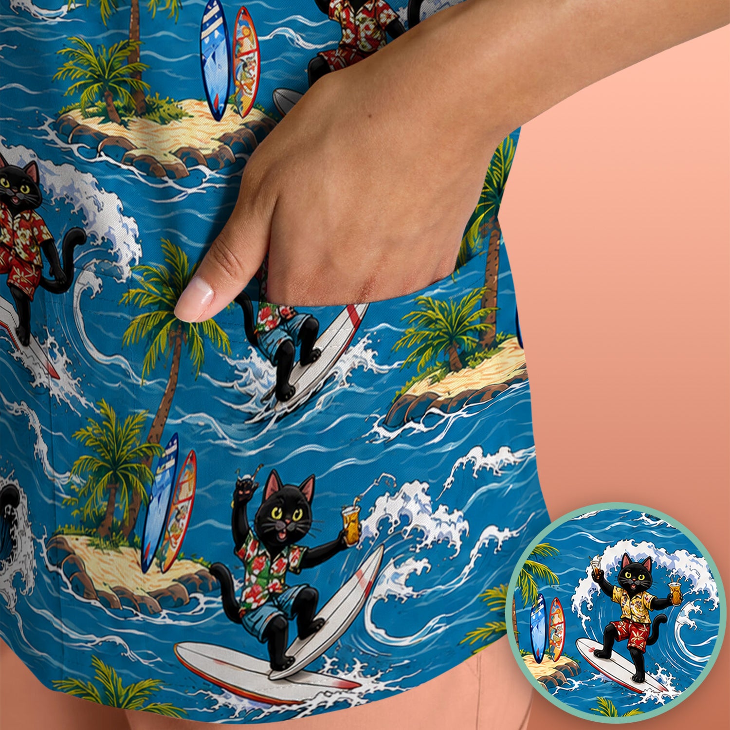 Tropical Black Cat Surfer Island Pattern Scrub Top, Comfortable Scrubs for Nurses
