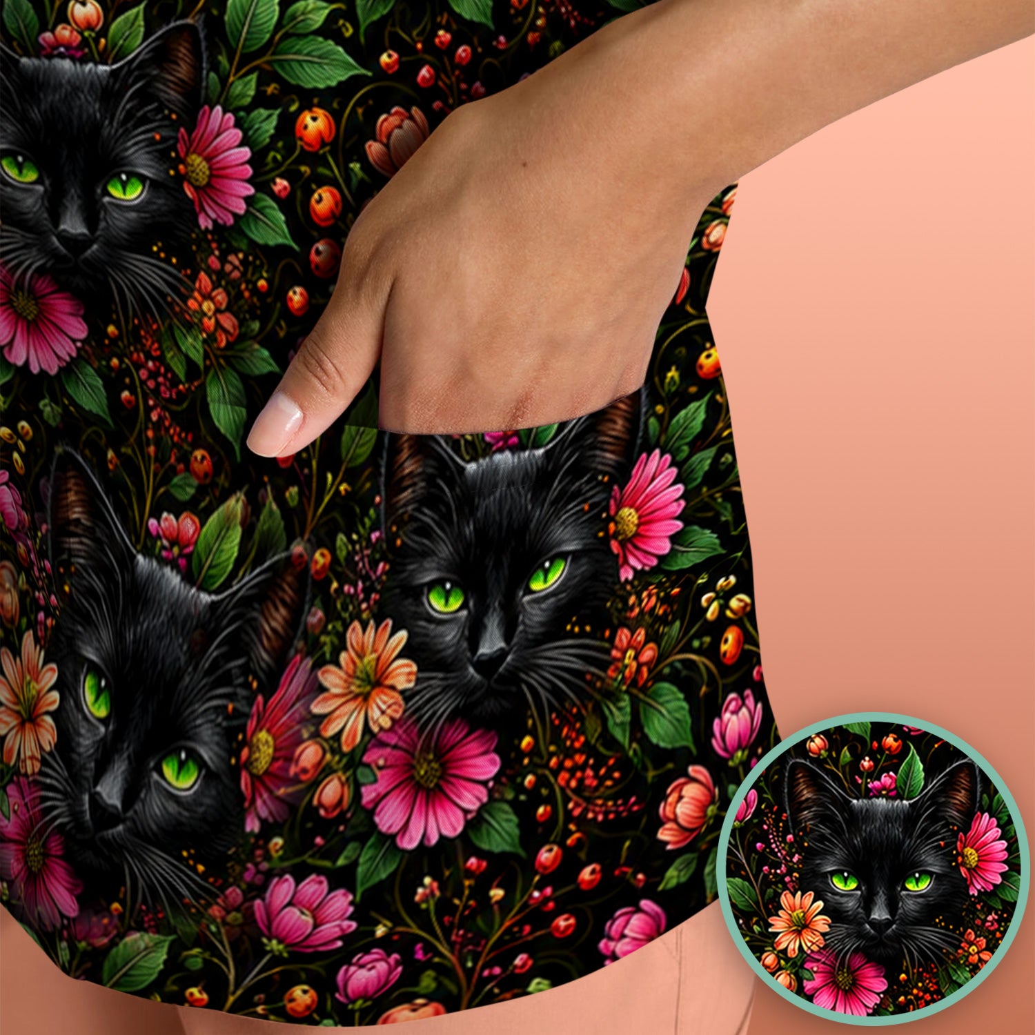 Adorable Black Cat Blossom Pattern Scrub Top, Comfortable Scrubs for Nurses